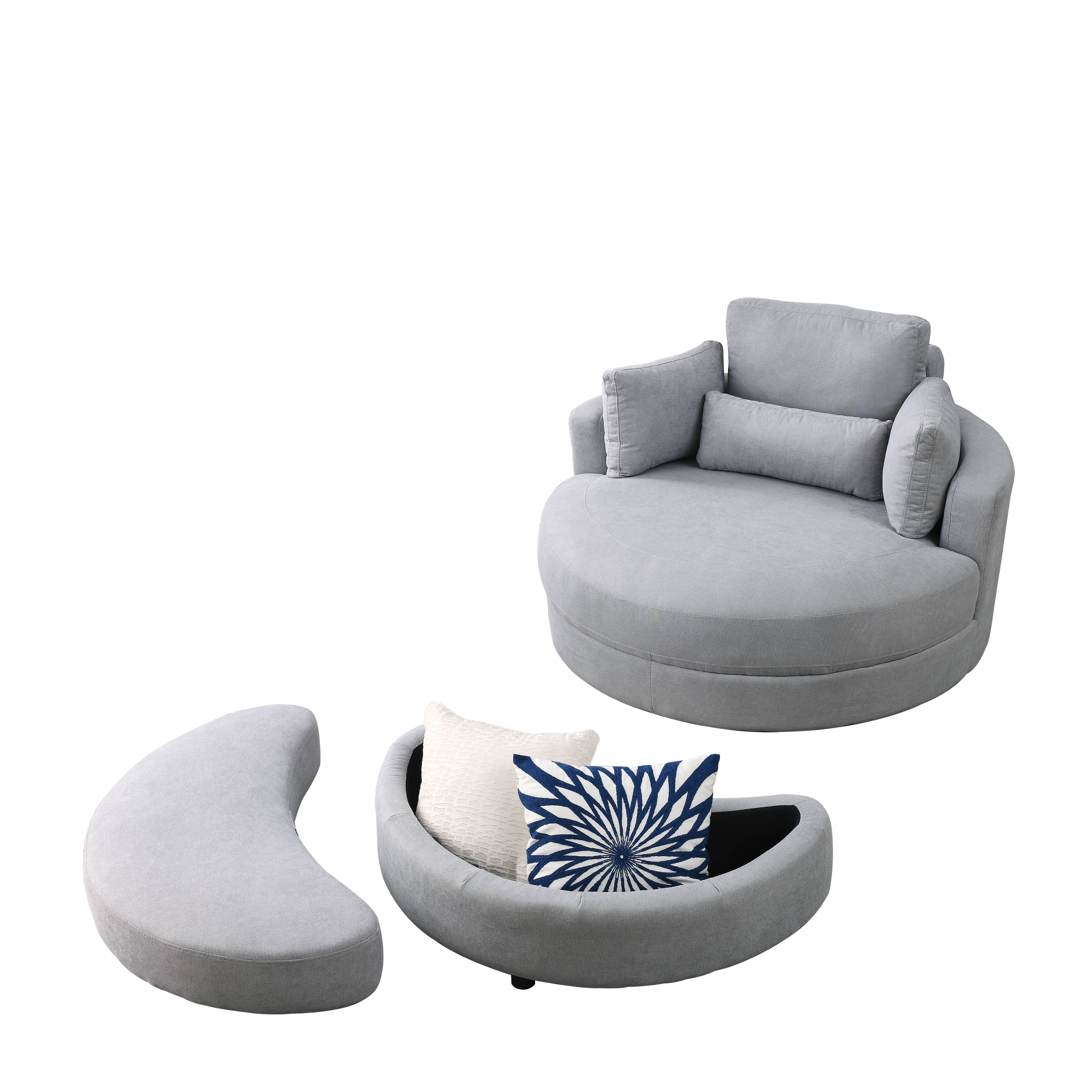 [Video] Welike Swivel Accent Barrel Modern Grey Sofa Lounge Club Big Round Chair with Storage Ottoman Linen Fabric for Living Room Hotel with Pillows