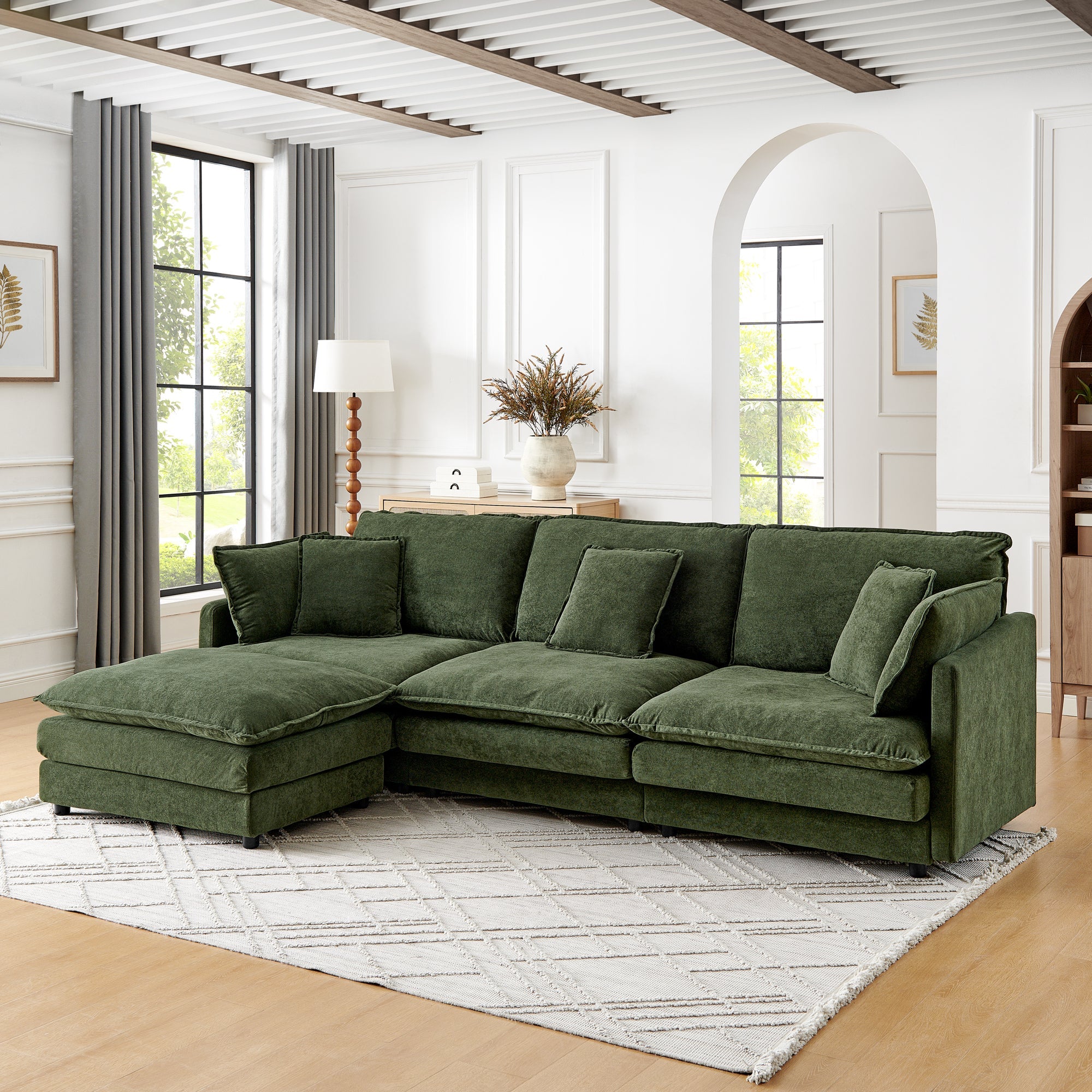 Modern Home Living Room L-Shaped Sectional Sofa Couches with Ottoman, Convertible Oversized 4 Seater Couch Towel Fabric, Green