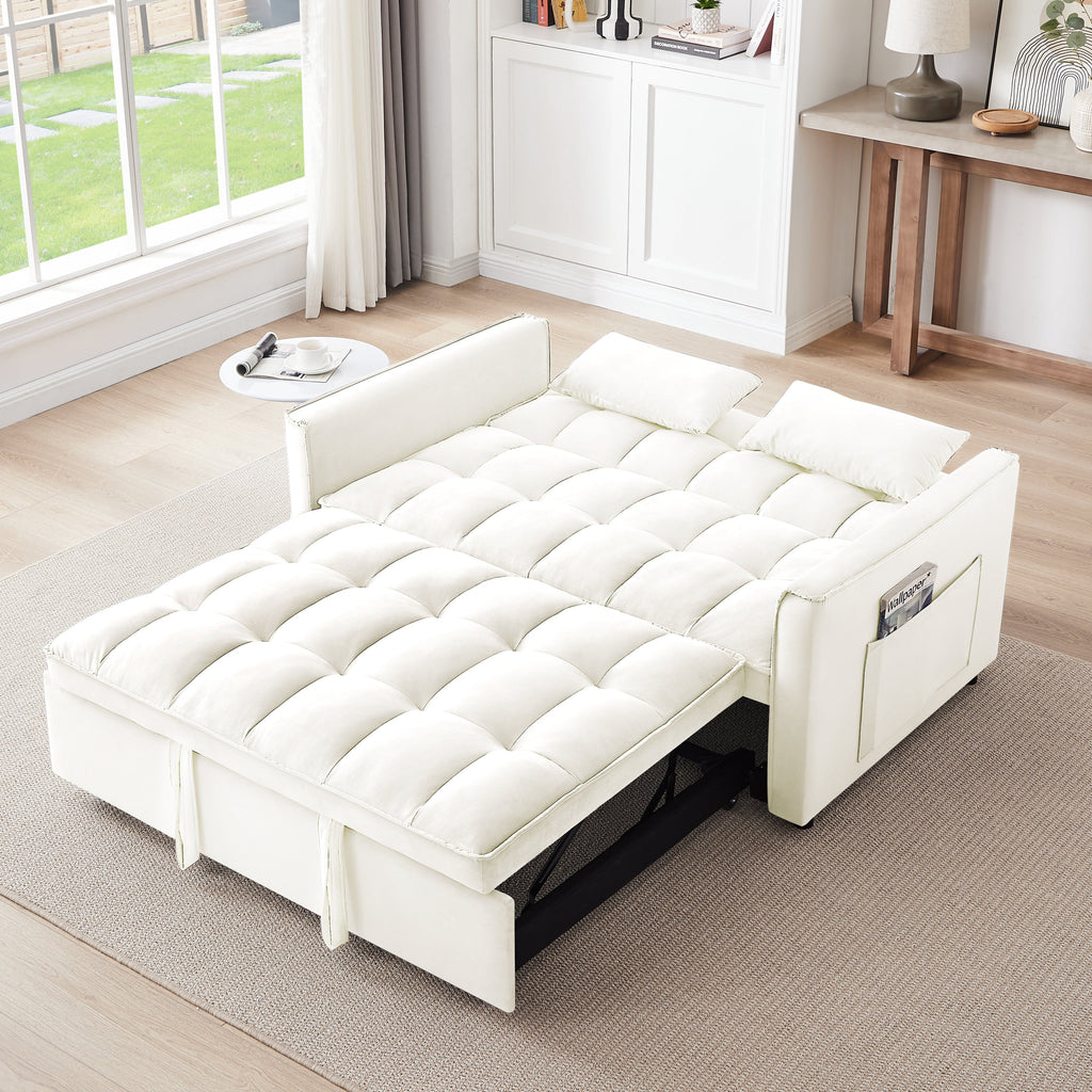 55.1-inch 3-in-1 convertible sofa bed, modern velvet double sofa Futon sofa bed with adjustable back, storage bag and pillow, for living room, bedroom (Off white)