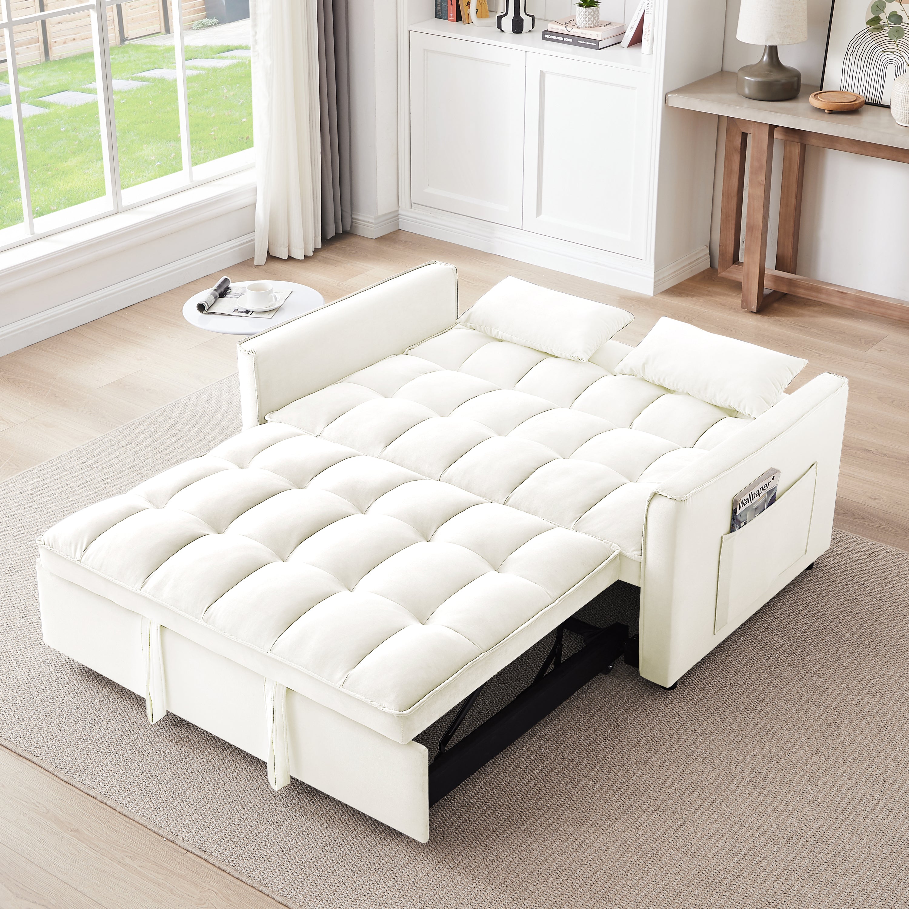 55.1-inch 3-in-1 convertible sofa bed, modern velvet double sofa Futon sofa bed with adjustable back, storage bag and pillow, for living room, bedroom (Off white)
