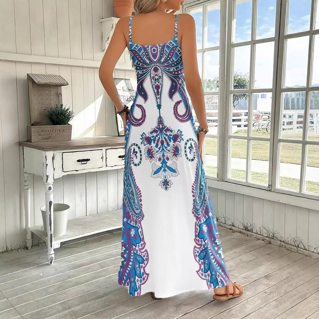 White Handkerchief Design V-neck Sleeveless Print Maxi Dress