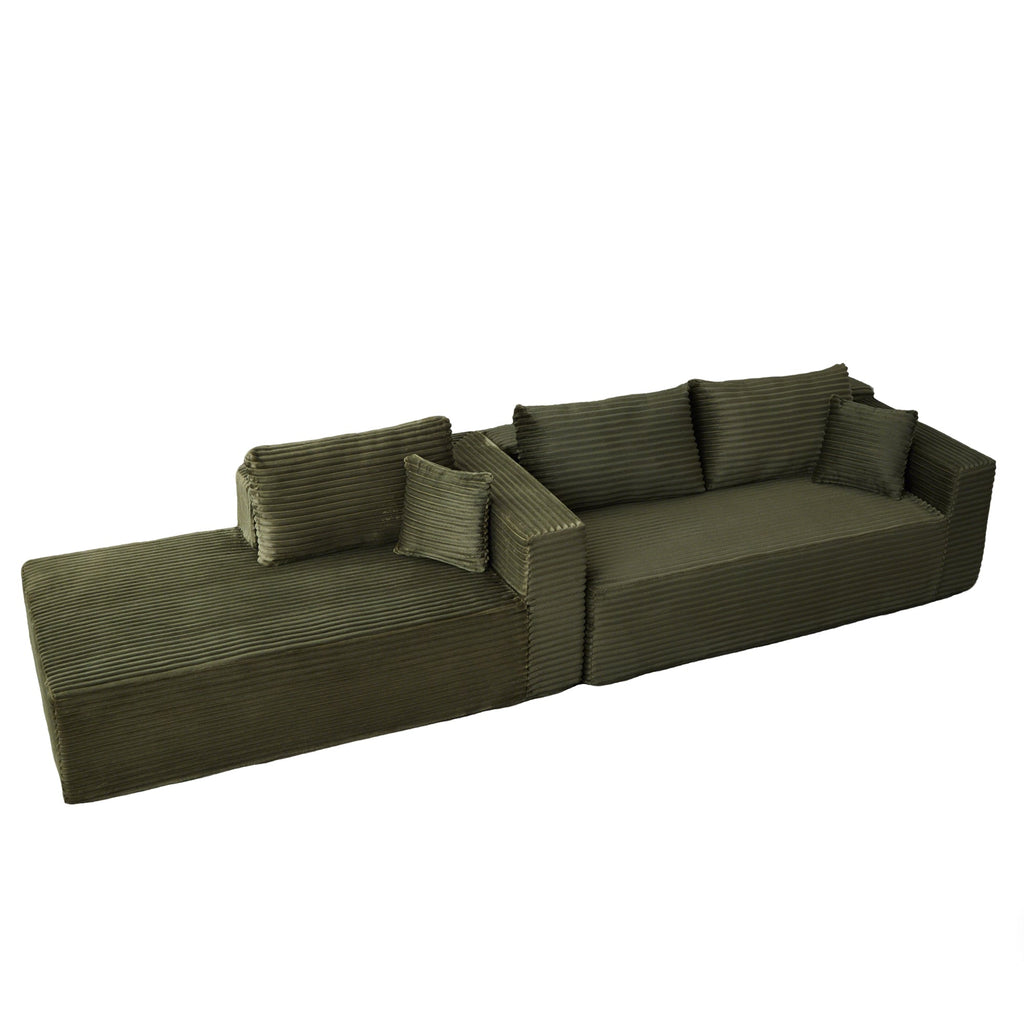 Compression Sectional Couch with Comfy Chaise, Boneless L Shape Sofa with Deep Seat, Minimalist Modular Couches Sleeper for Living Room Bedroom Apartment Lounge,corduroy,Green