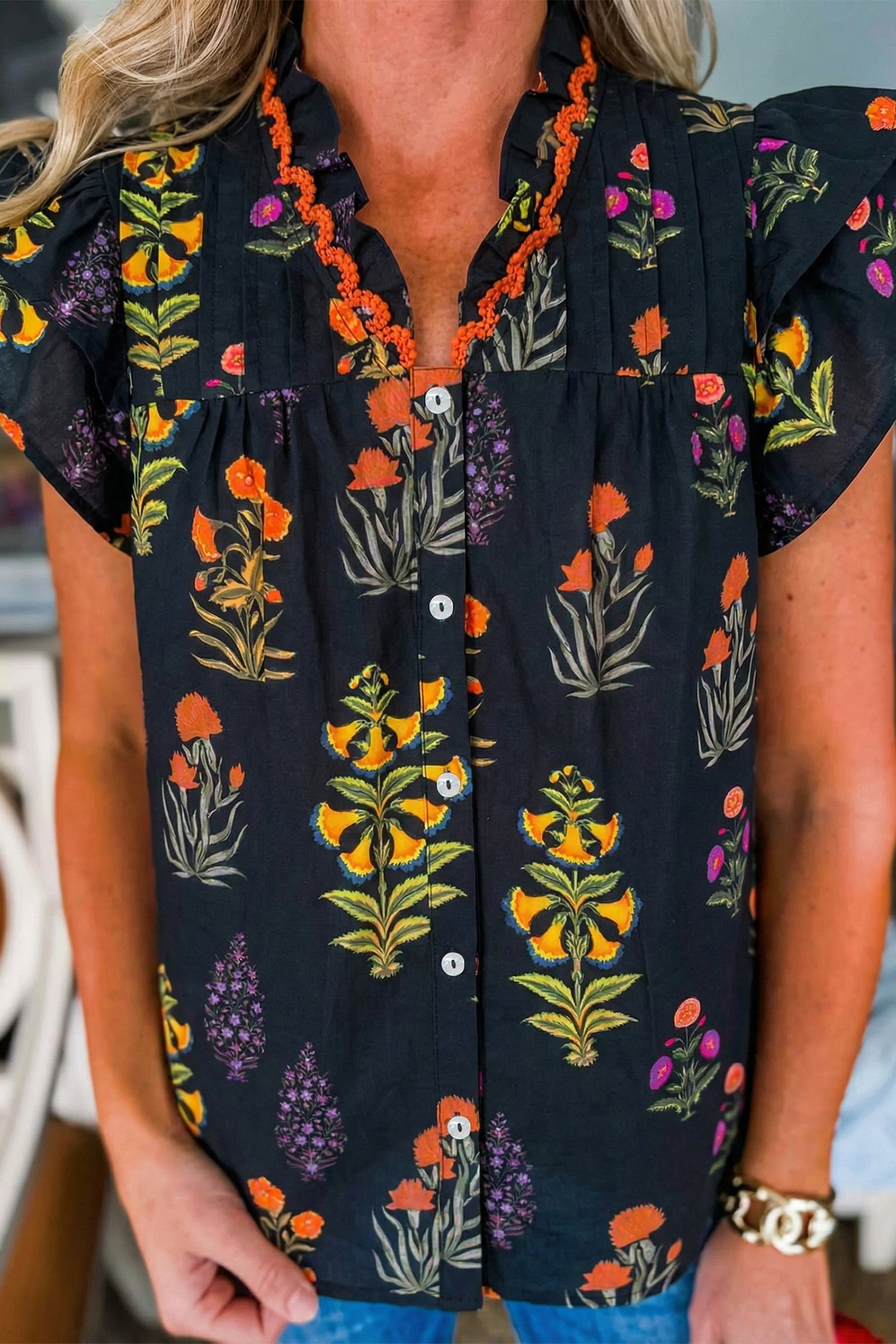 Floral Lace Trim V-Neck Frilled Short Sleeve Shirt