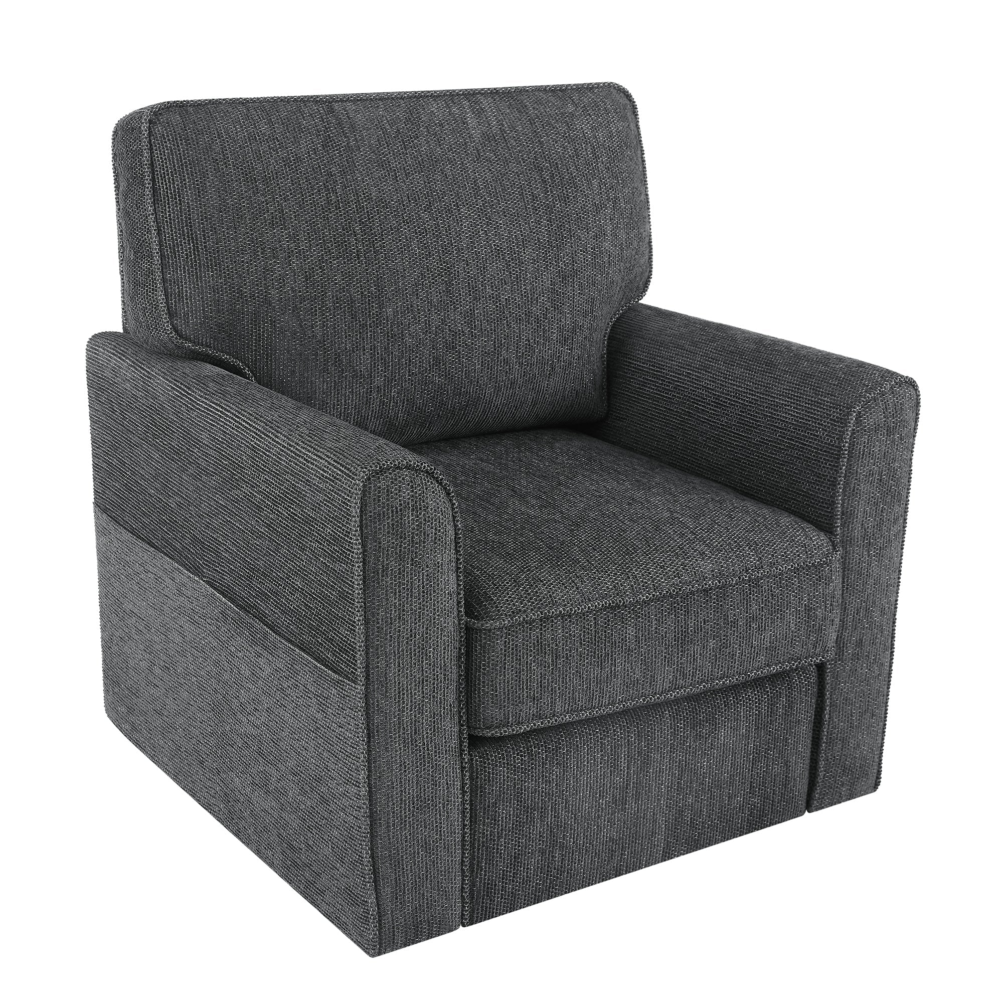 360° Swivel Chair Accent Barrel Armchair with Side Pockets, Grey Chenille, Compact Design for Living Room, Bedroom, Office