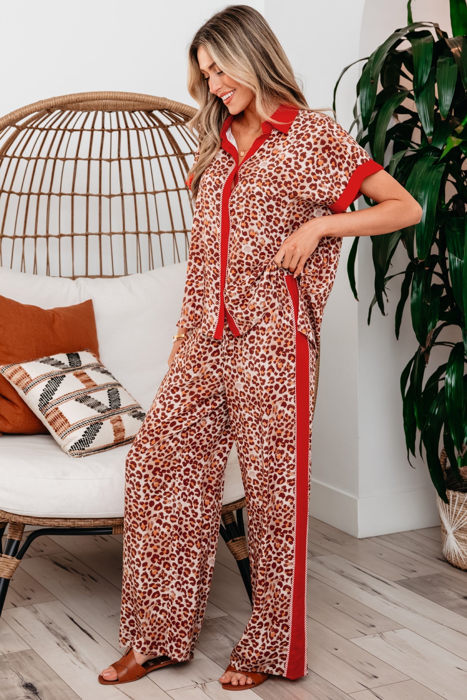 Leopard Contrast Trim Top and Pant Set