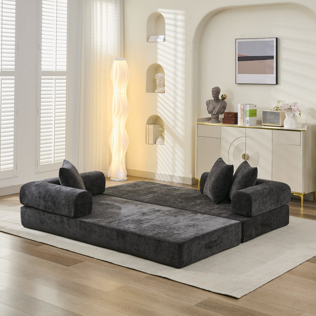 Comfy Convertible Folding Mattress Couch, Floor Sofa Bed, Chenille Floor Sofa with Armrest, Floor Sofa Lounge Couch for Living Room Bedroom Lounge Studio-Black