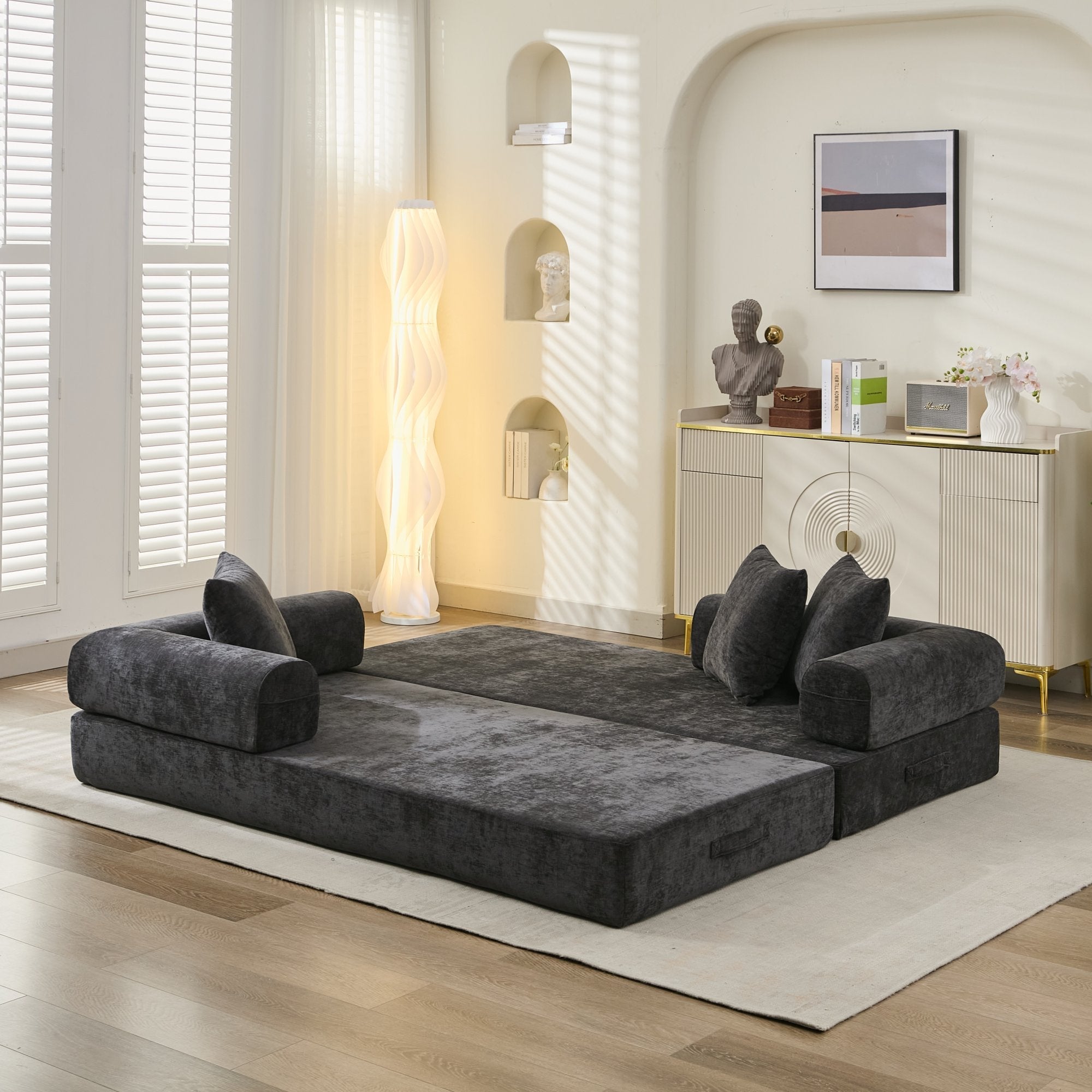 Comfy Convertible Folding Mattress Couch, Floor Sofa Bed, Chenille Floor Sofa with Armrest, Floor Sofa Lounge Couch for Living Room Bedroom Lounge Studio-Black