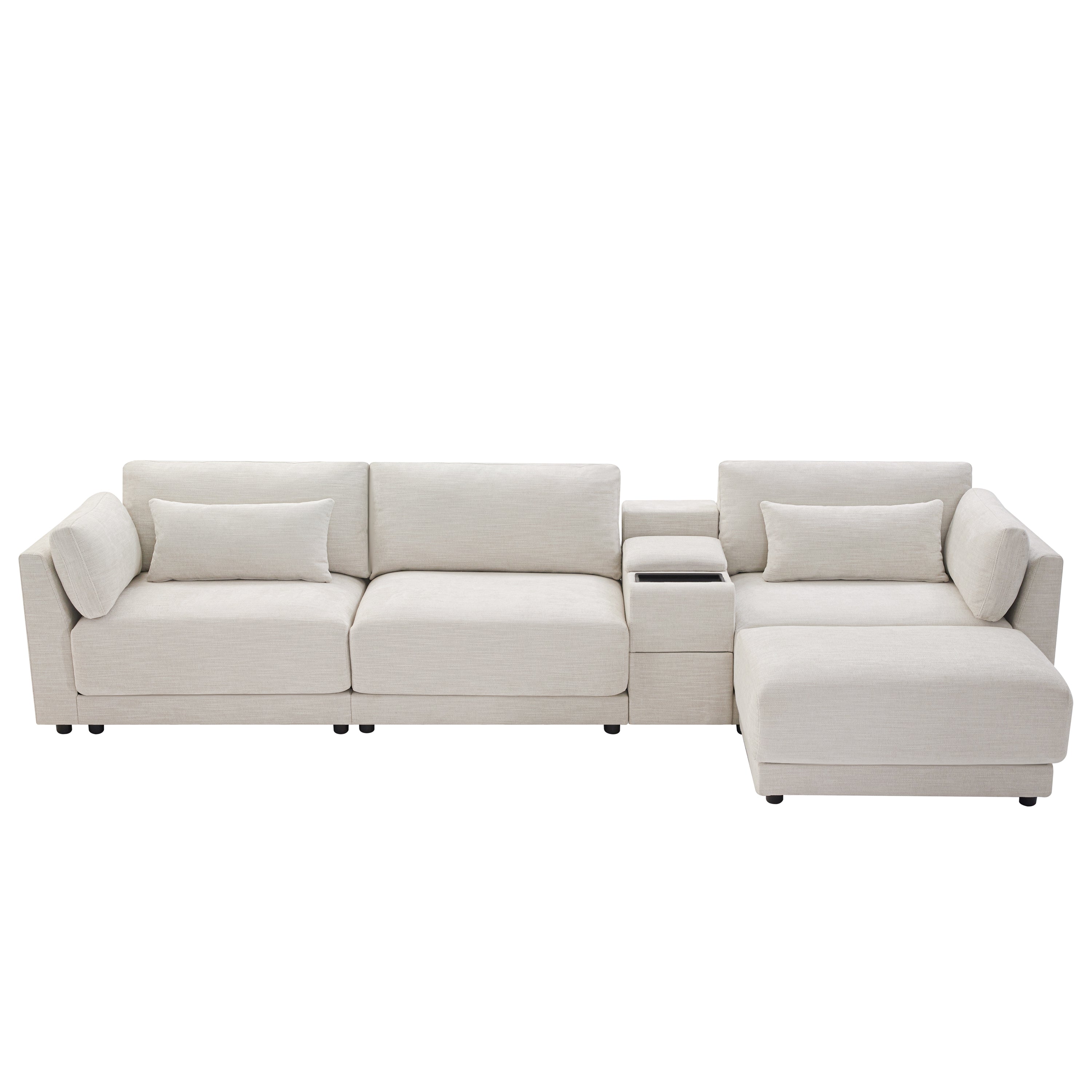 [VIDEO+NEW]124'' Modular Sectional Sofa with Storage Console and Movable Ottoman,33'' Wide Seat,4 Seat L Shaped Chenille Couch,Reversible Comfy Sofa with USB Charger for Living Room,Apartment,2 Colors