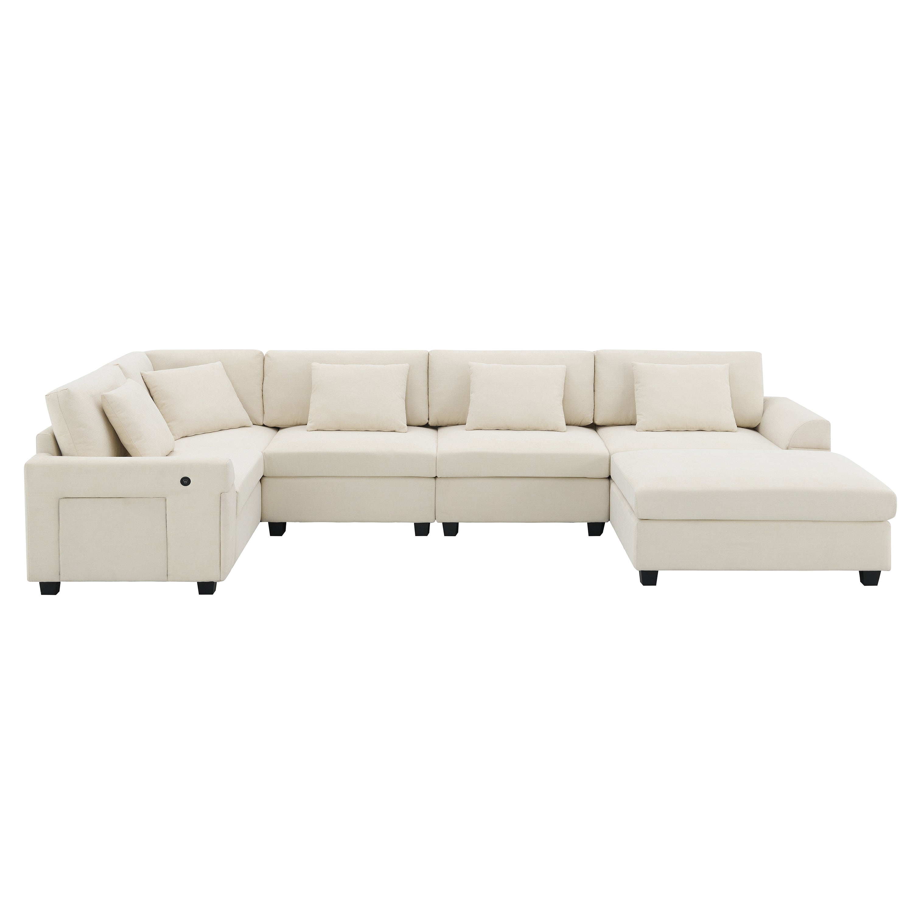 Chenille U Shaped Sectional Sofa with Ottoman, Storage, Cup Holders, and USB Ports, Off White, 128*67'