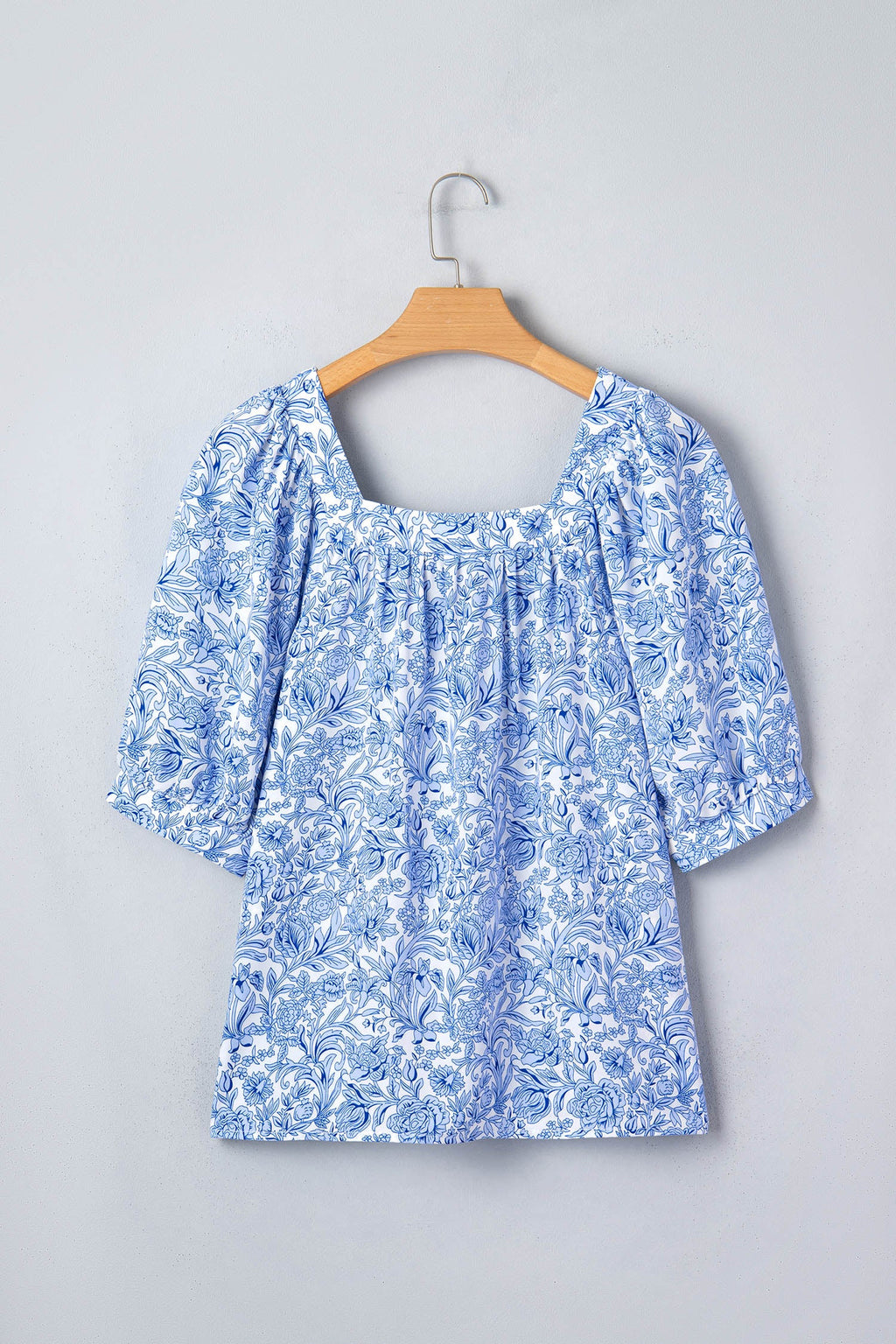 Floral Pleated Square Neck Puff Sleeve Blouse