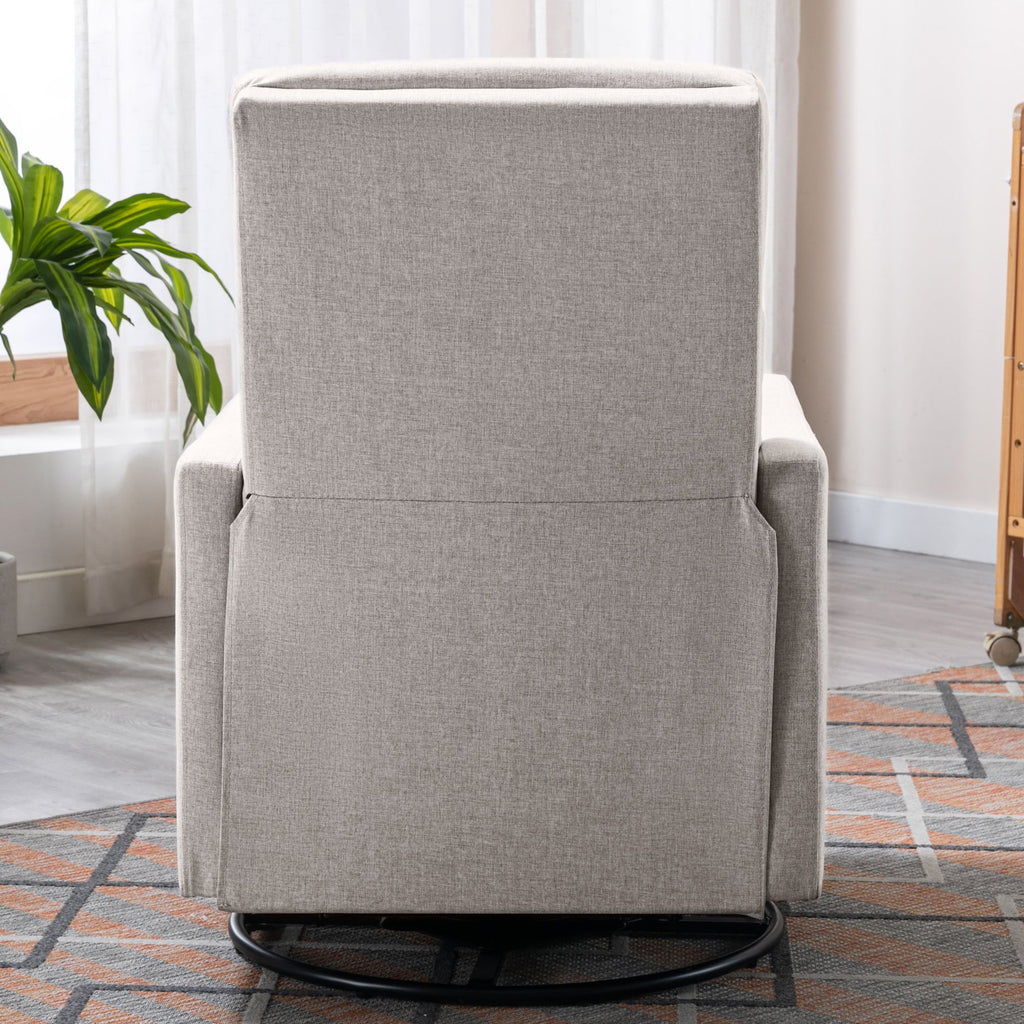 Modern Upholstered Rocker Nursery Chair with Plush Seating, Tan Linen, Swivel Recliner