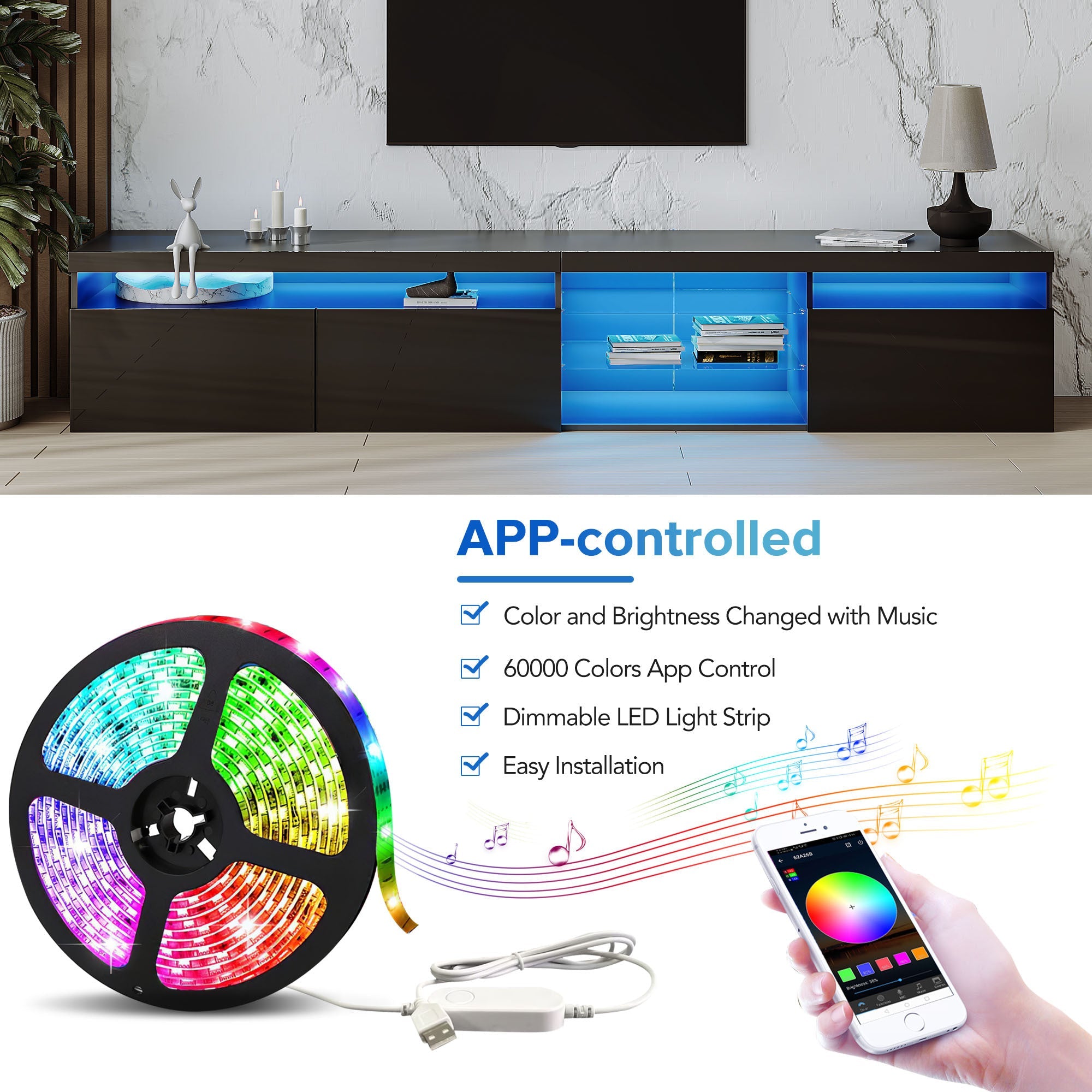 ON-TREND Unique Design TV Stand with 2 Glass Shelves, Ample Storage Space Media Console for TVs Up to 105', Versatile TV Cabinet with LED Color Changing Lights for Living Room, Black