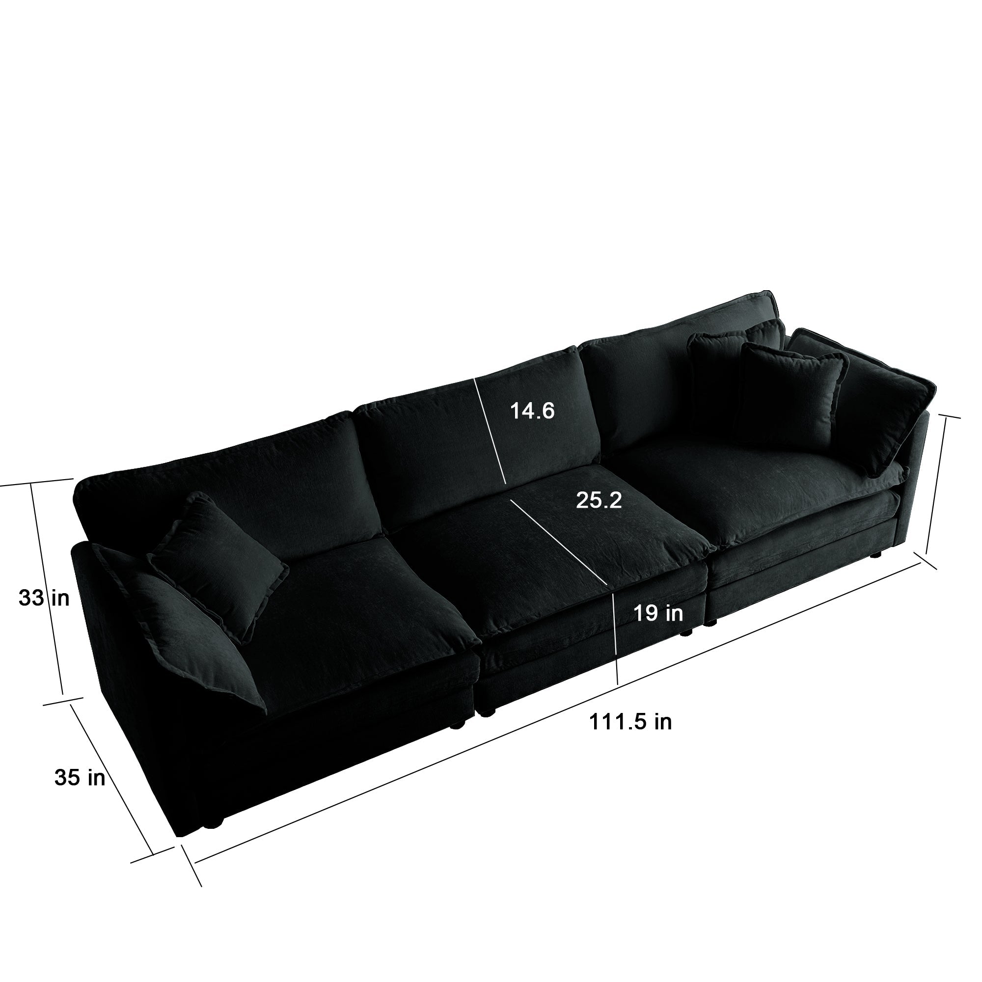 Modern Sofa Couch, 3 Piece Set Extra Deep Seat Sectional Sofa for Living Room, Oversized Sofa, 3 Seat Sofa, Loveseat and Single Sofa, Black Chenille