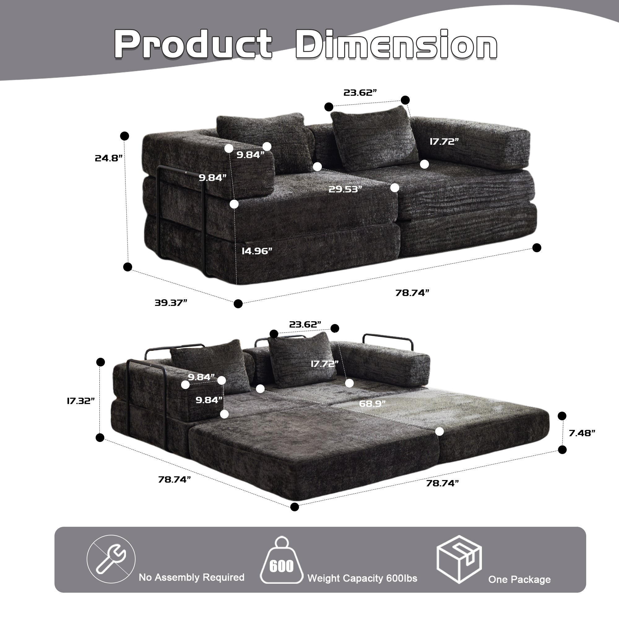 Compression Sofa,Convertible Floor Sofa Bed with Fixed-Shape Frame, Loveseats Boneless Modular Sectional Sofa,No Assembly Required,Chenille fabric,for Living Room Bedroom,Black