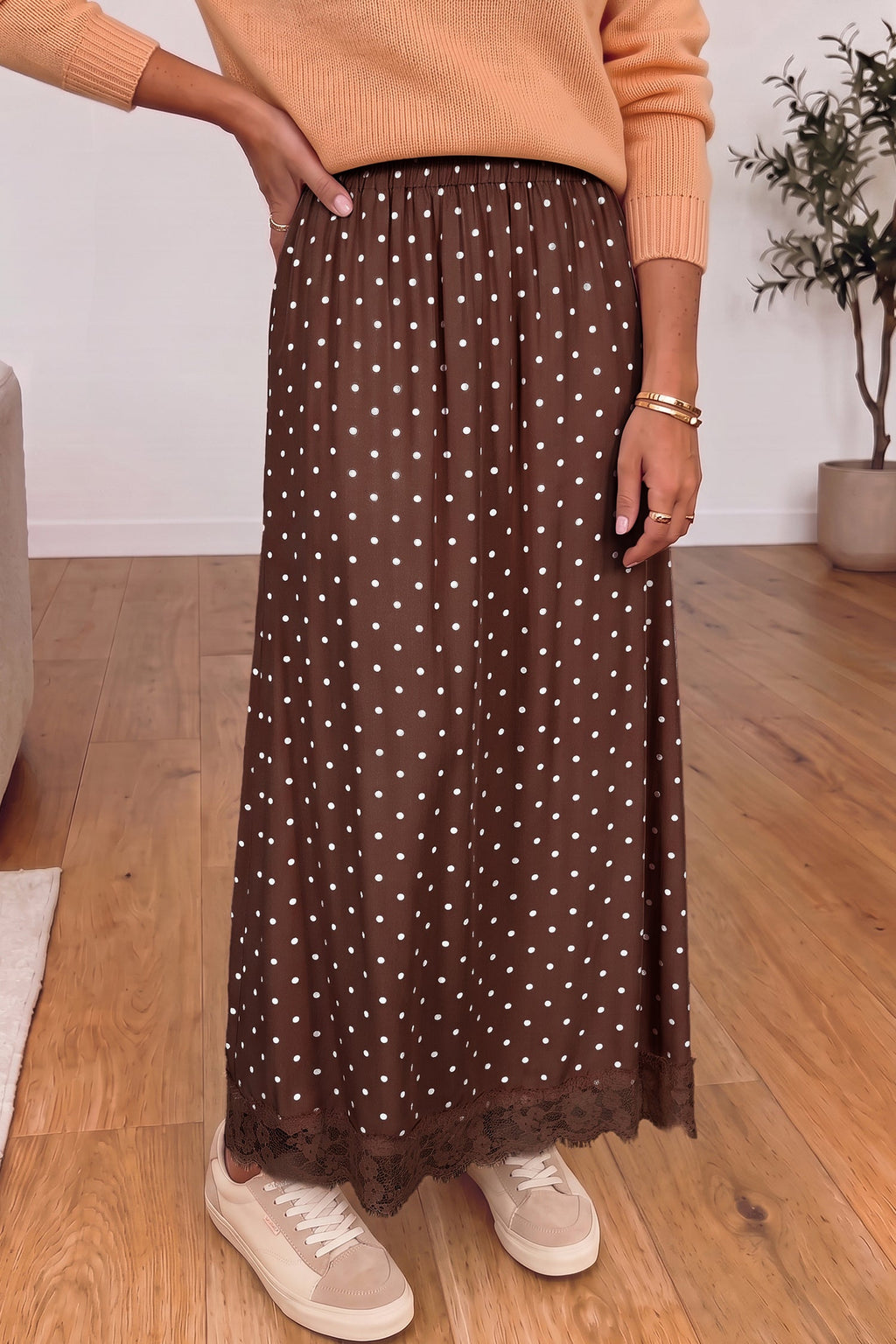 Polka Dot Lace Hem Midi Skirt