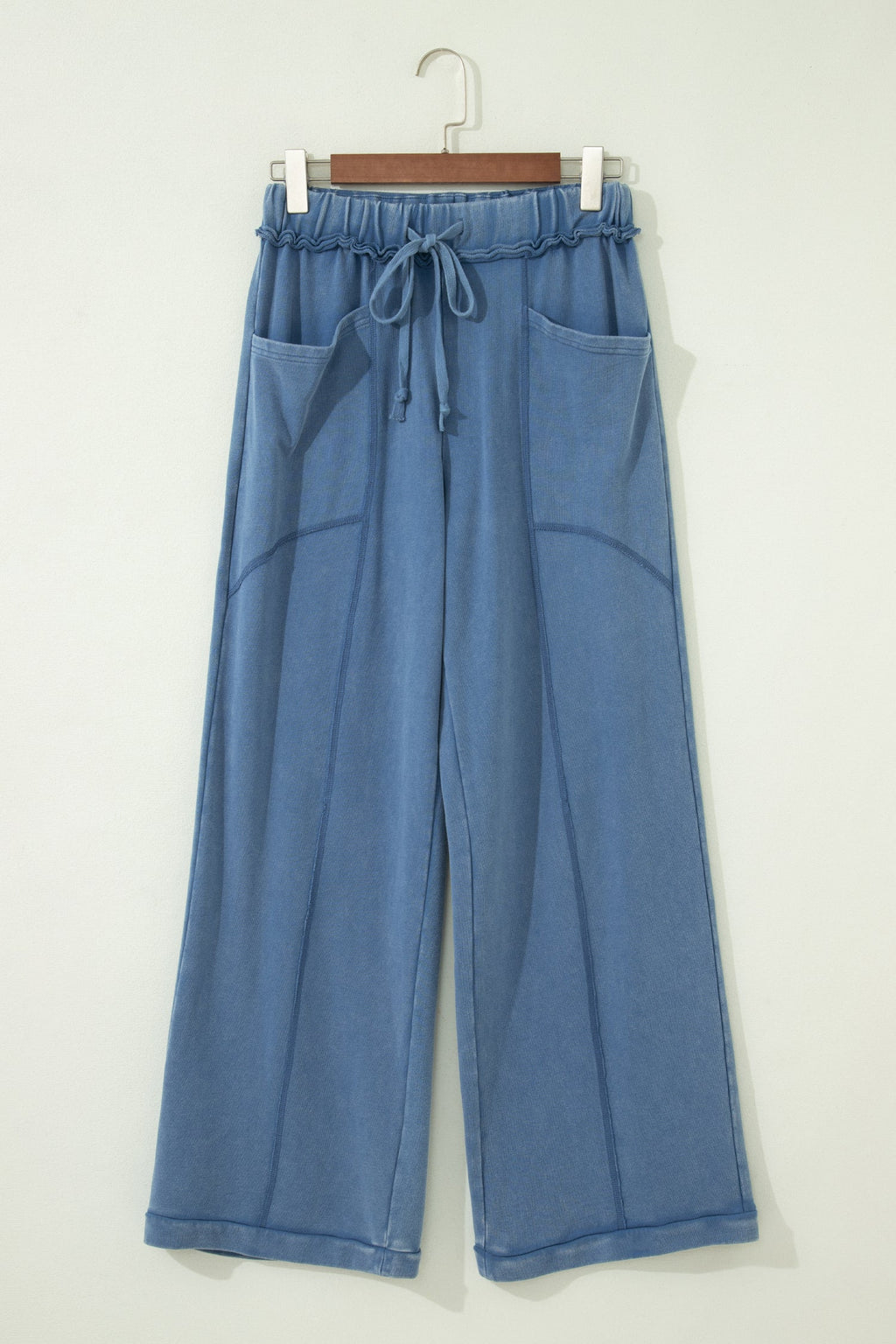 Solid Mineral Wash Drawstring Wide Leg Pants