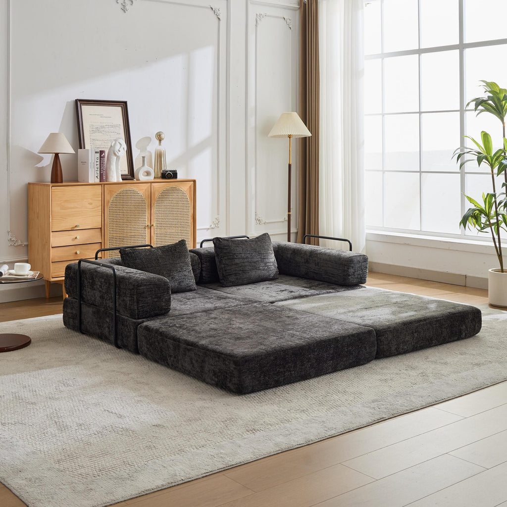 Compression Sofa,Convertible Floor Sofa Bed with Fixed-Shape Frame, Loveseats Boneless Modular Sectional Sofa,No Assembly Required,Chenille fabric,for Living Room Bedroom,Black