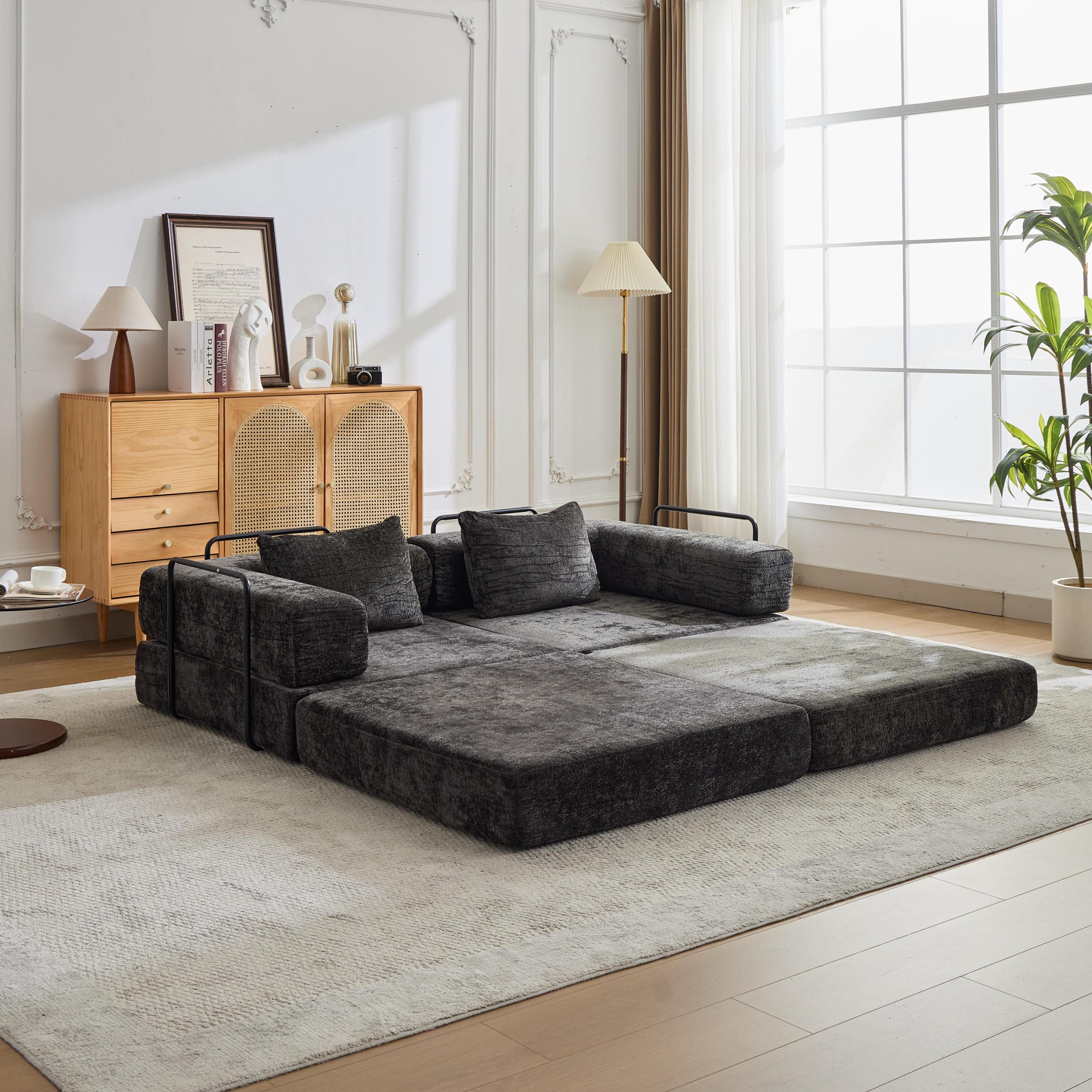 Compression Sofa,Convertible Floor Sofa Bed with Fixed-Shape Frame, Loveseats Boneless Modular Sectional Sofa,No Assembly Required,Chenille fabric,for Living Room Bedroom,Black