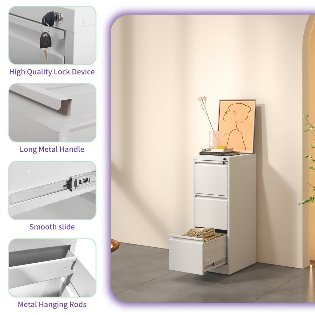 SteelCraft 3 Drawer Metal Vertical File Cabinet with Lock White Steel for A4 Legal/Letter Size