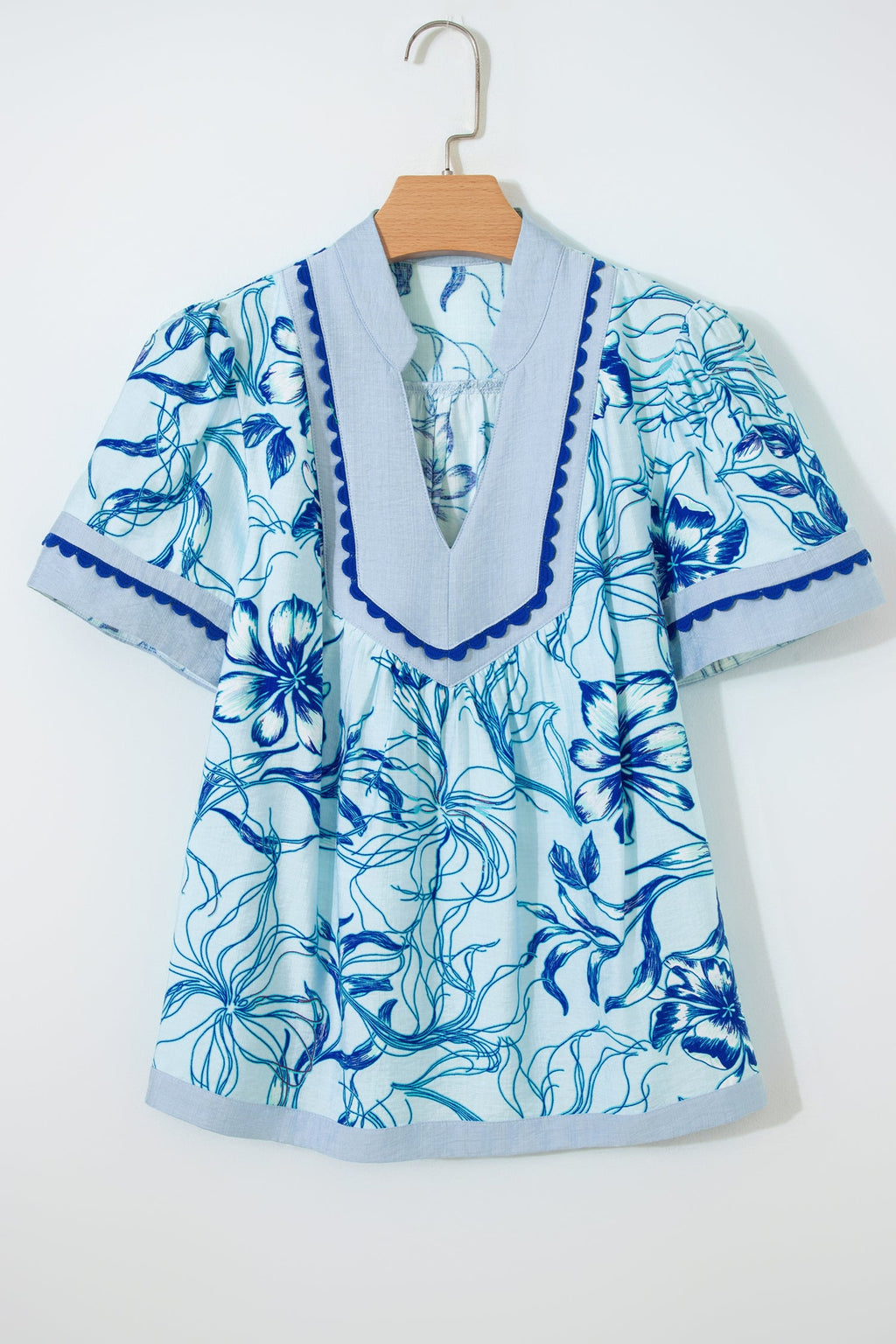 Floral Scalloped Ricrac Trim V-Neck Blouse