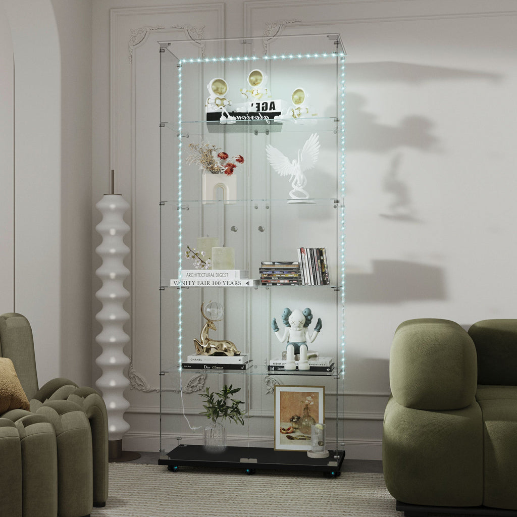 Tempered Glass Display Cabinet, Wine Cabinet, Storage Cabinet, File Cabinet with Bluetooth LED Light Strips, Lock on Door, Tempered Glass Top, Casters at Bottom for Easy Movement, Color: Black