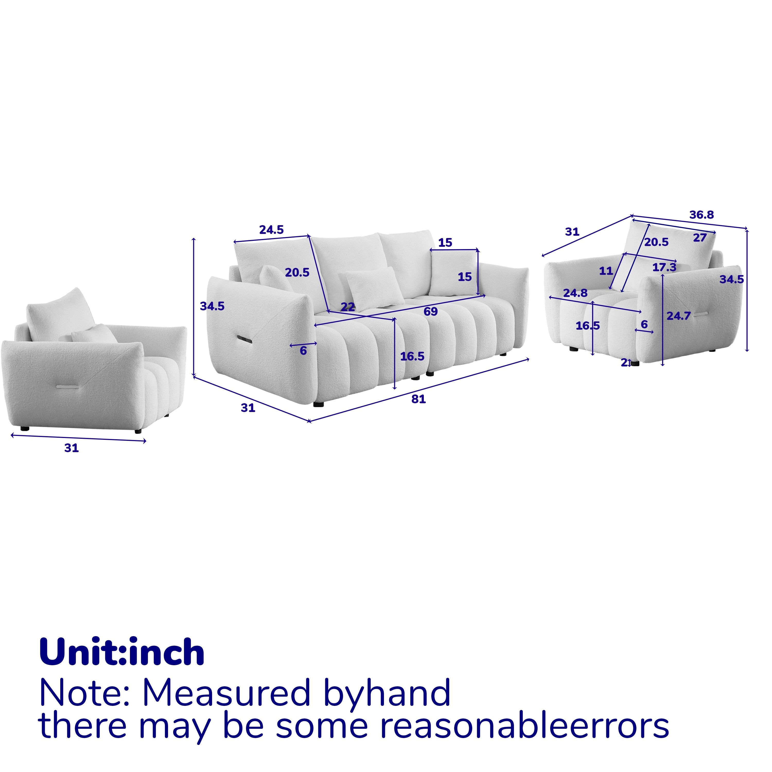 3 Seater + 1 Seater +1 Seater, Combo Sofa Modern Living Room Sofa, Teddy Sofa, Wooden Frame, 5 Cushions, Apartment Sofa Furniture
