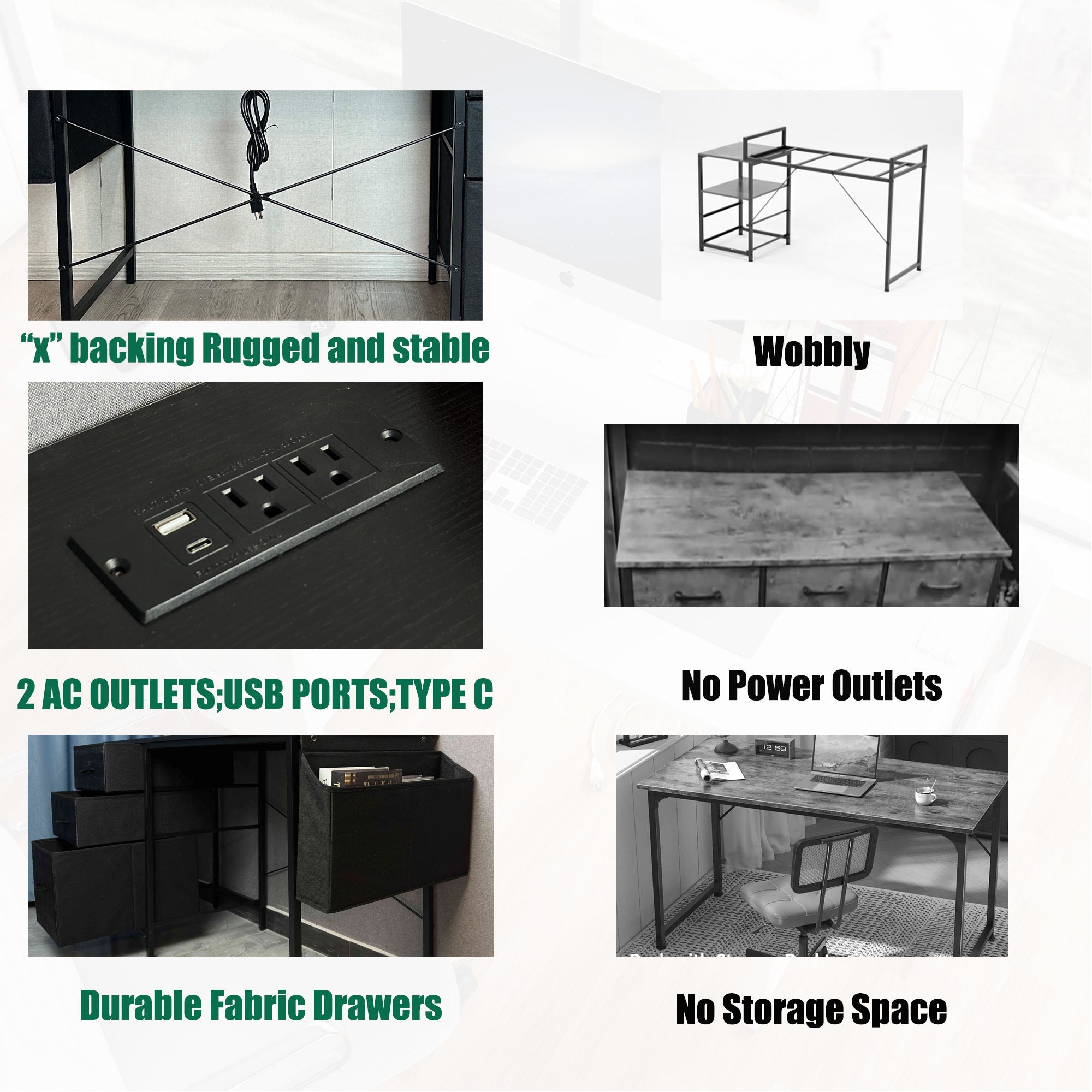 47.3'office desk with power outlet,3 drawers,Large Side Pocket, Desk Easy to Assemble,Frame stability Reversible,  for home desk, computer desk, game table,Writing desk,Vanity table, black