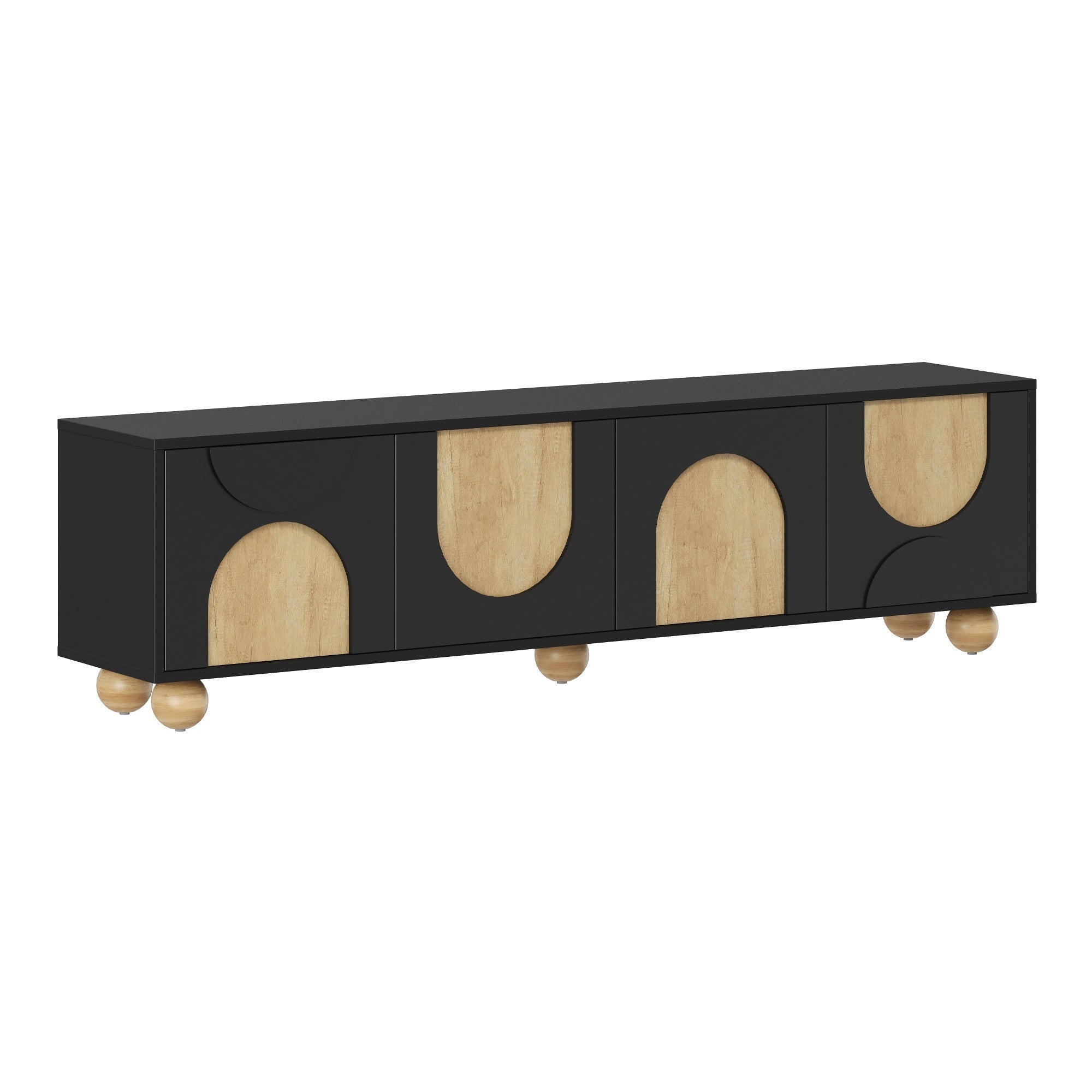 Farmhouse TV Stand with Cable Holes for TVs up to 75', Cream Style Media Console with Rebound Device, Elegant Entertainment Center with 5 Solid Wood Legs for Living Room, Bedroom, Black, 69.6'W