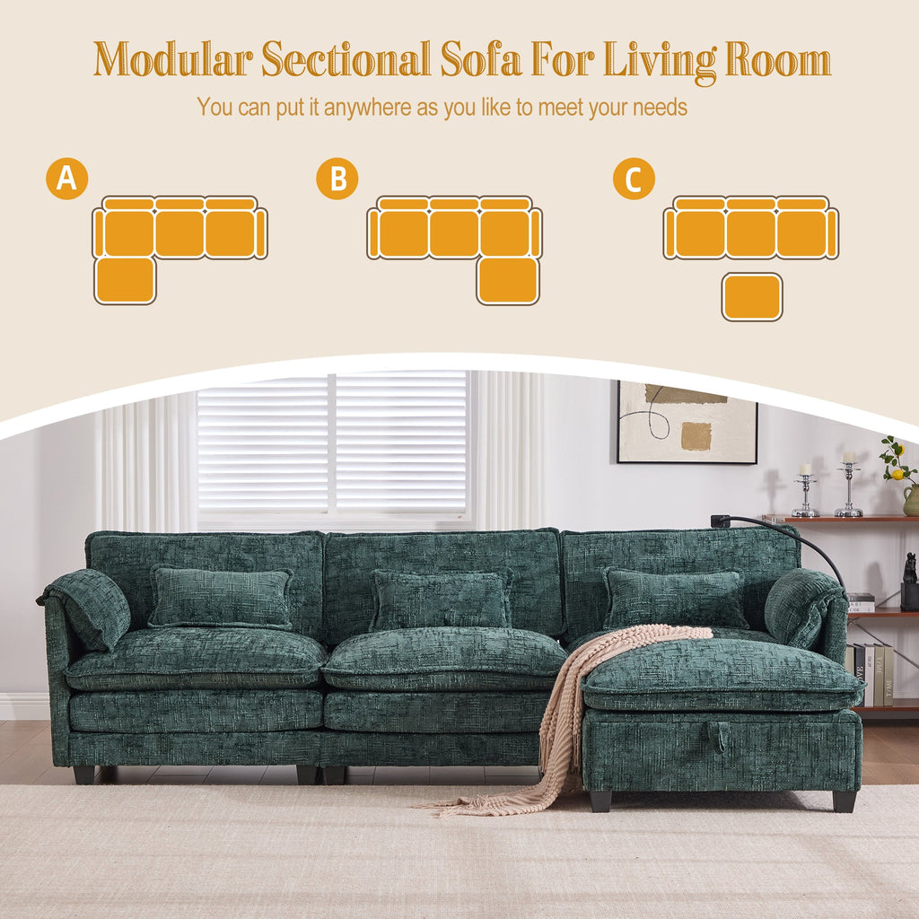 UNITED WE WIN 112' Oversized Sectional Sofa Cloud Couch for Living Room, Modern Chenille L Shaped Couch, Comfy Boucle Modular Sofa Sleeper with Movable Storage Ottoman, Phone Holder, USB Charging Port