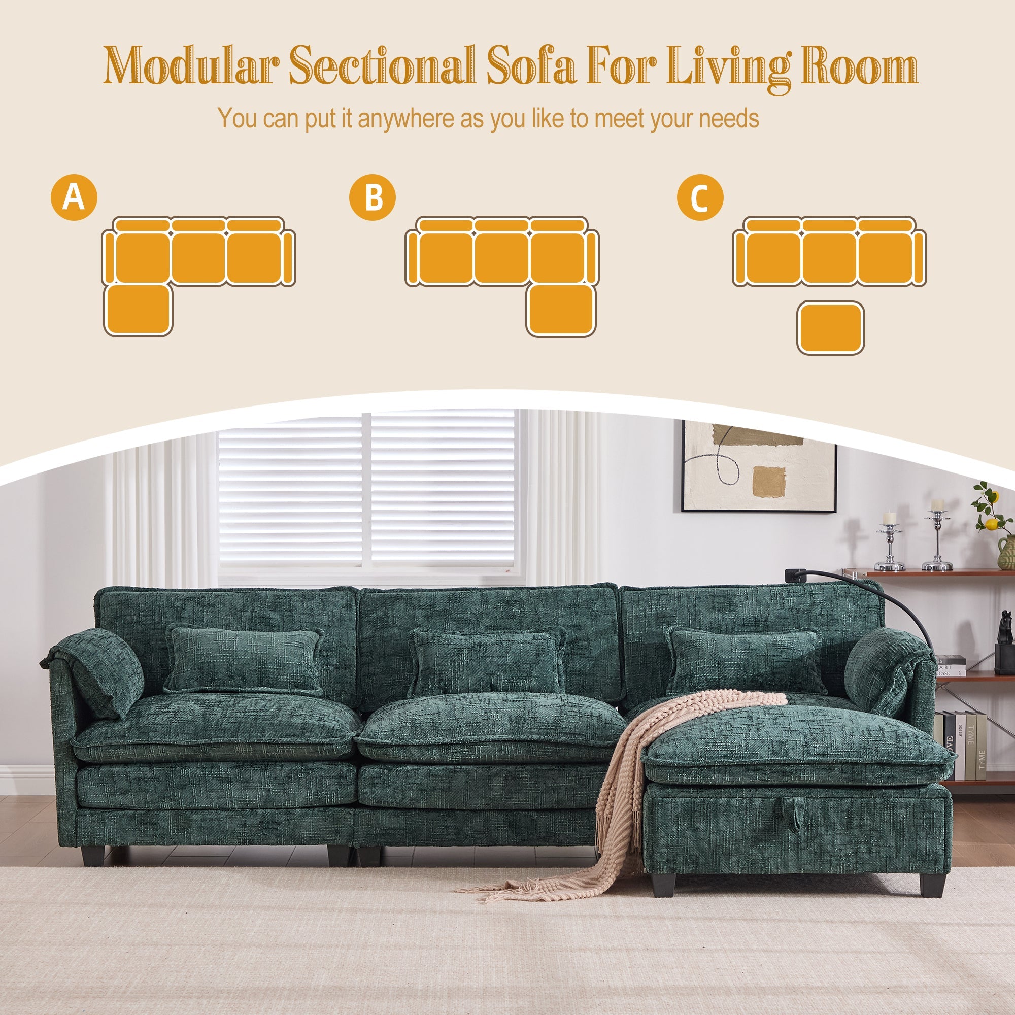 UNITED WE WIN 112' Oversized Sectional Sofa Cloud Couch for Living Room, Modern Chenille L Shaped Couch, Comfy Boucle Modular Sofa Sleeper with Movable Storage Ottoman, Phone Holder, USB Charging Port