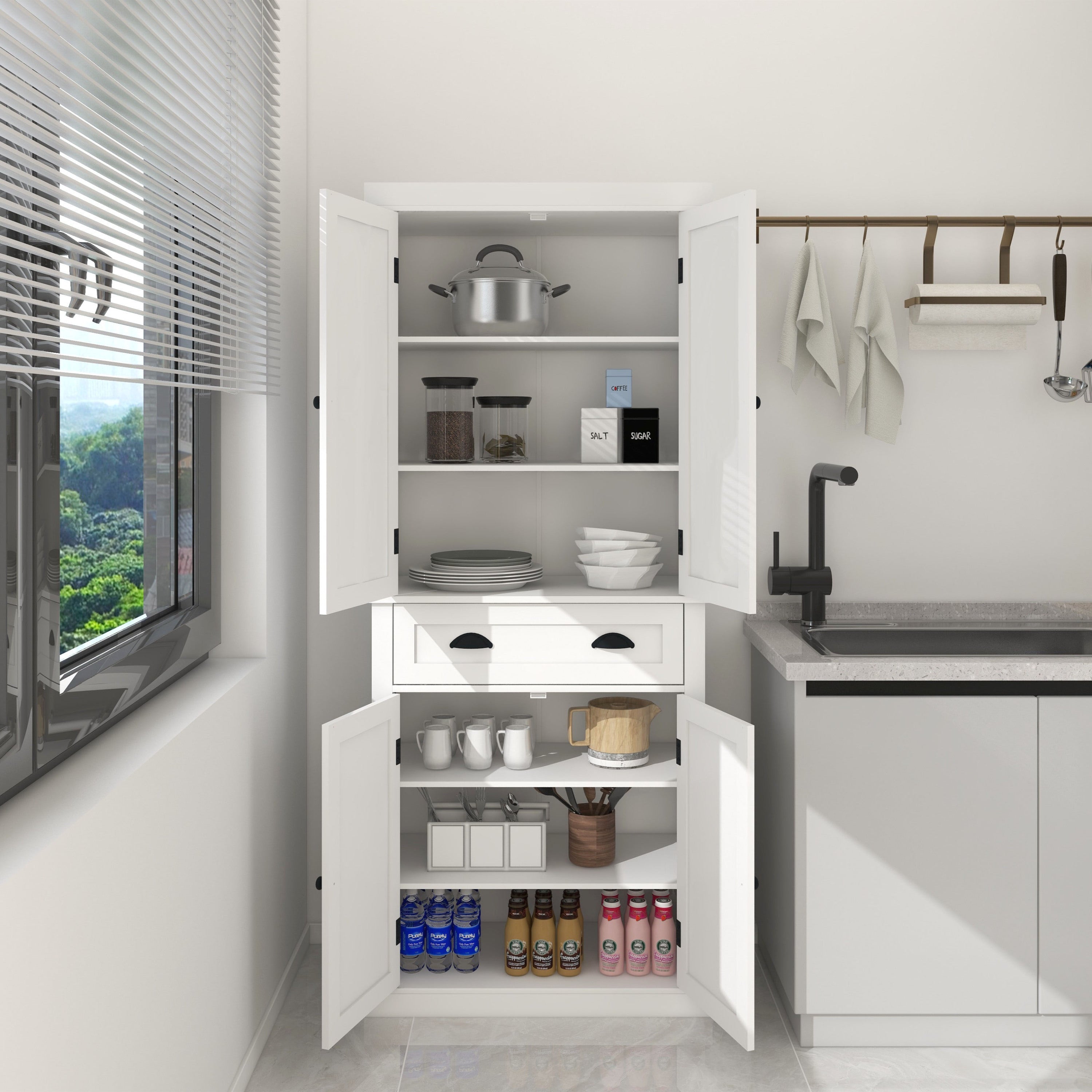 71' Kitchen Pantry Storage Cabinet , with 4 Doors, Drawer, 2 Adjustable Shelves, Freestanding Cupboard for Dining Room Living Room, Laundry-White