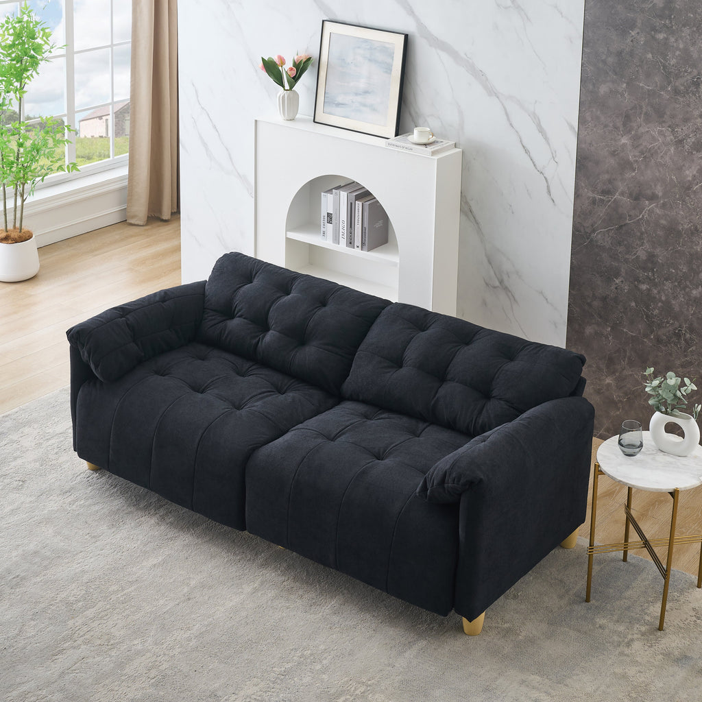 French retro cloud fabric double-seat creamy style straight-line sofa for the living room.