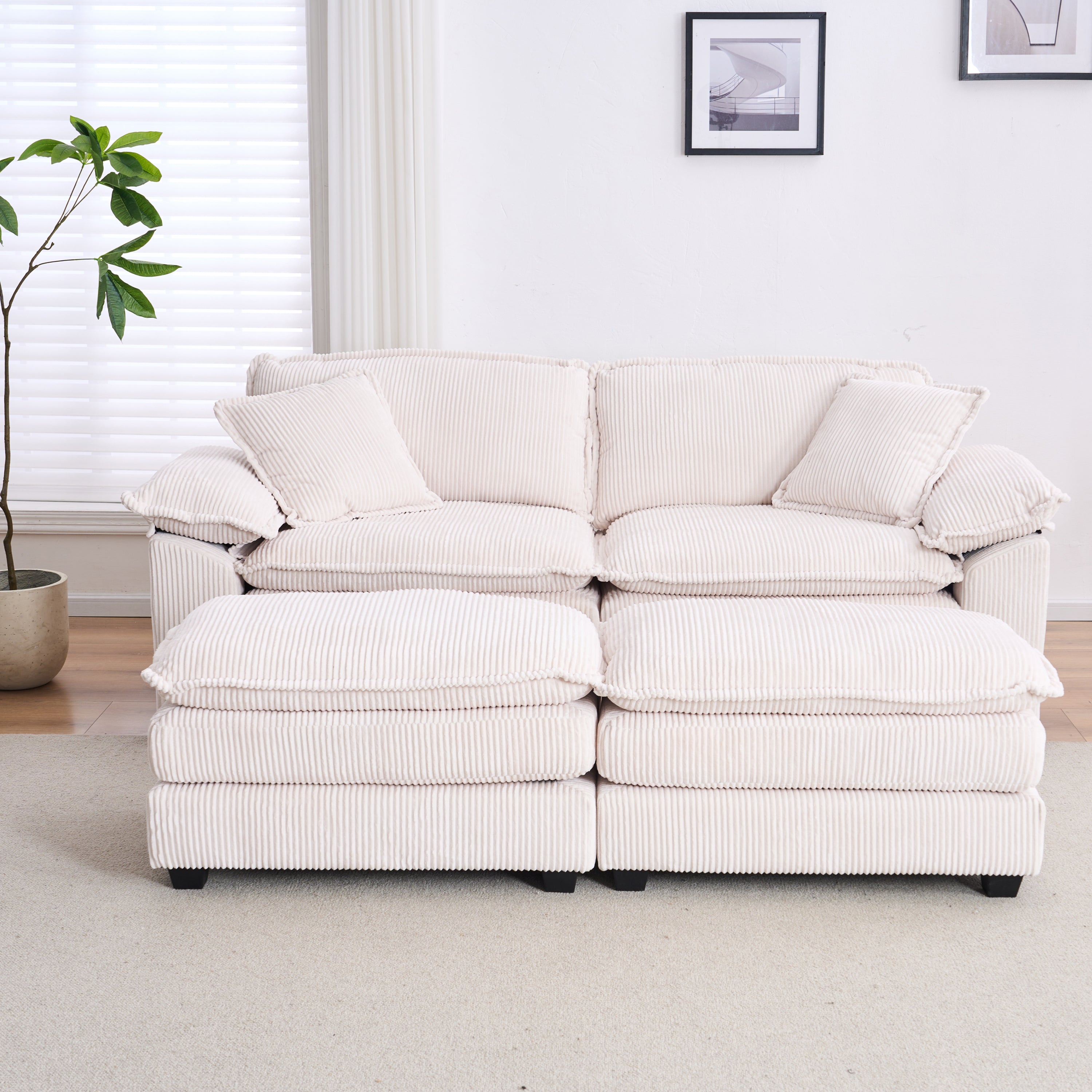 Corduroy 2-seats sofa With 2 back pillows,2 toss pillows and two ottoman,Comfy Sofa- Deep Seat Couch for Living Room,White