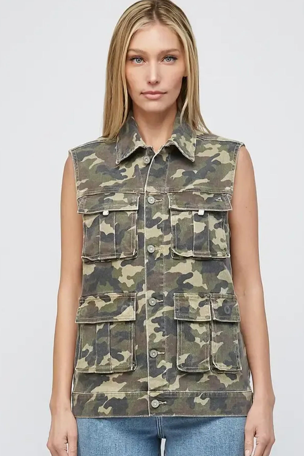 Camo Denim Cargo Pocket Buttoned Vest