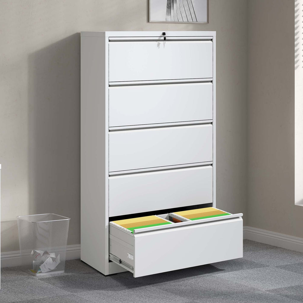 Modern 5-Drawer Steel Lateral File Cabinet with Lock, White Metal Filing Cabinet for Home and Office