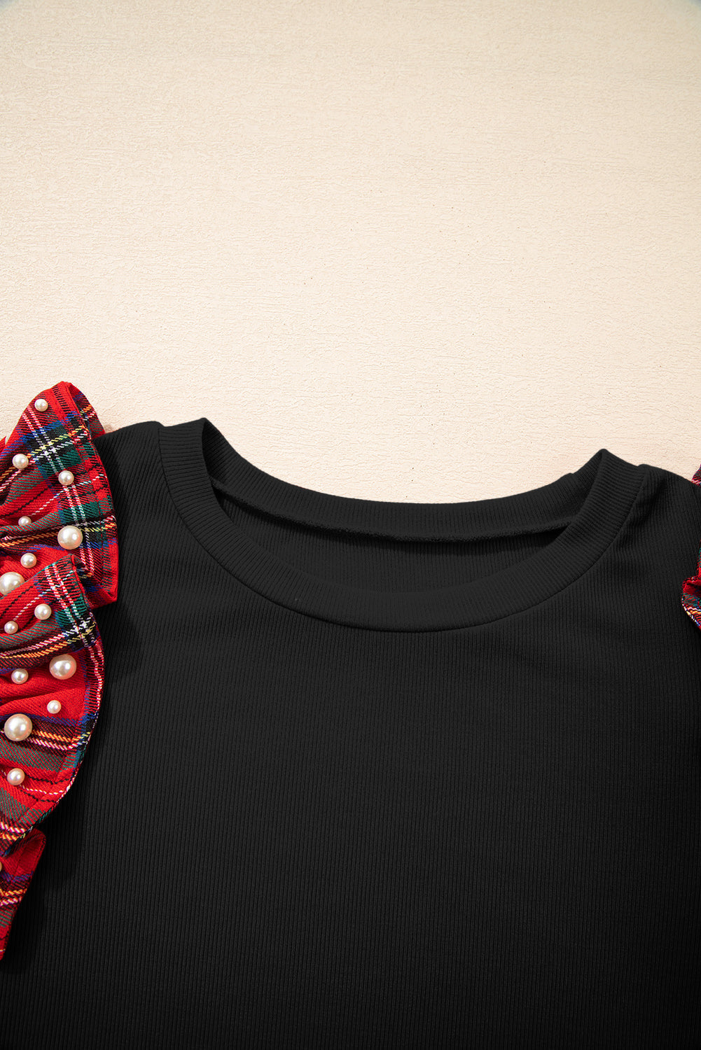 Plaid Pearl Ruffle Short Sleeve Loose T-Shirt