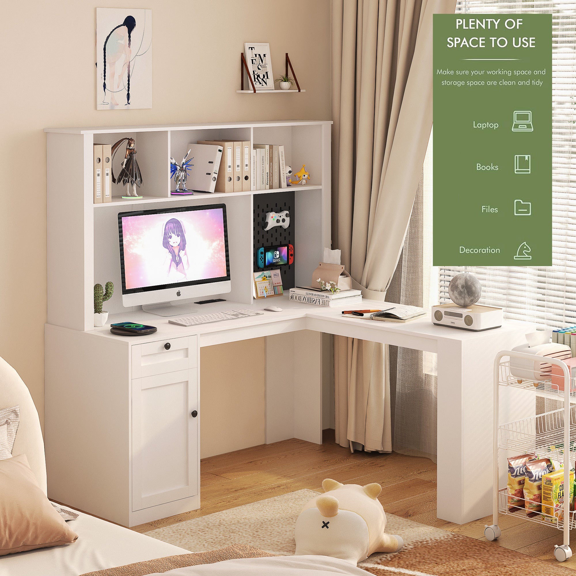 L Shaped Desk with outlet, Computer Desk with Drawers, Bookshelf, Modern Corner Desk, Home Office Desk,L-Shaped Study Table Writing Desk,Corner Gaming Computer Desk with Storage