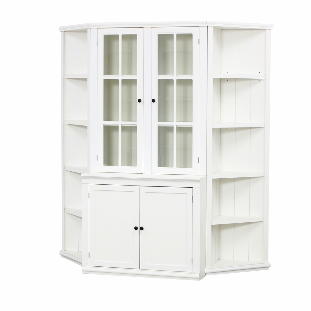 75.25'' Tall Display Cabinet and Two Triangle Sided Bookshelves, 69.25'' Wide Retro Style Wall Suit with Glass Doors, for Hallways, Living room, Office, Studio or Workspace - White