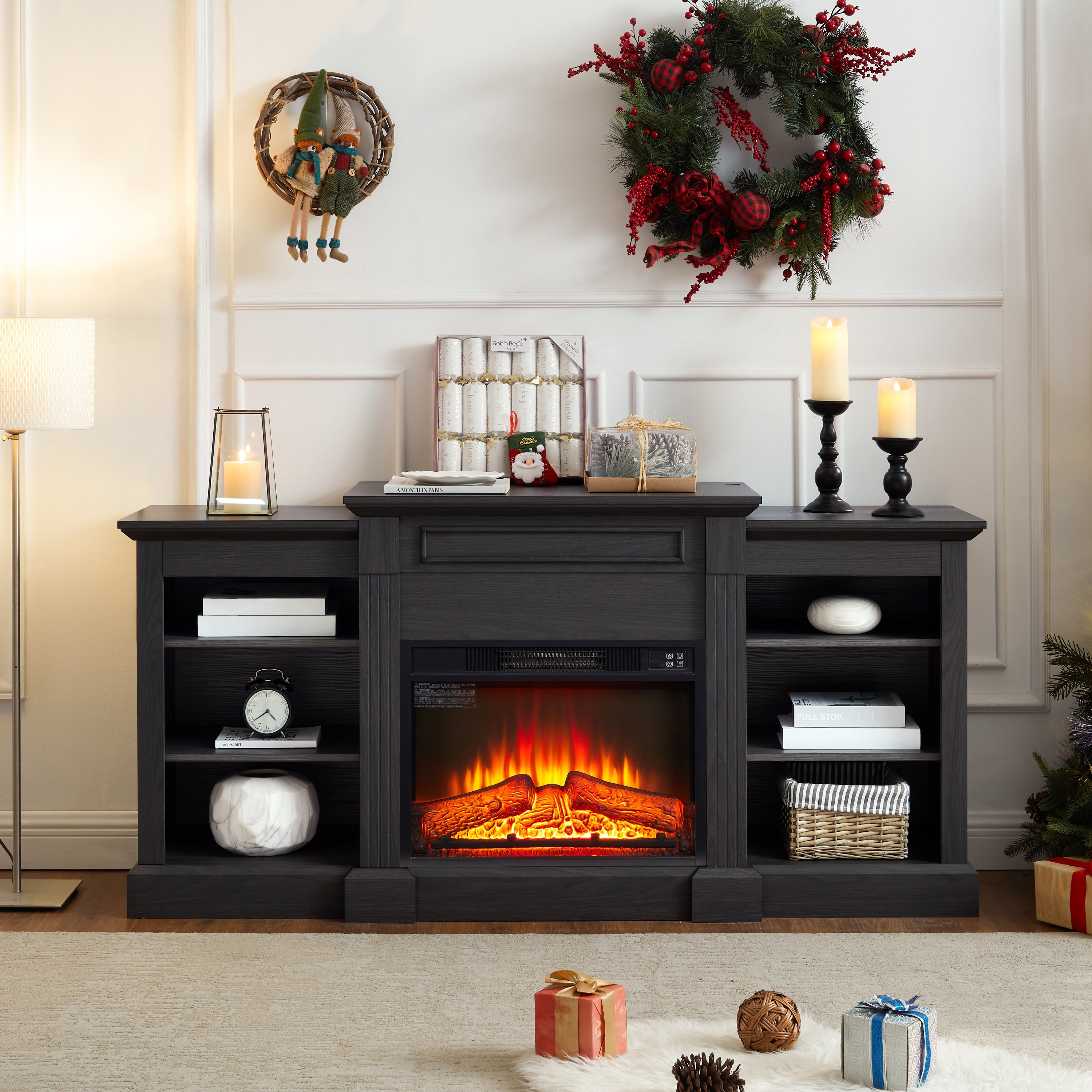 Media Console Table with Large Storage Cabinet,with 23' Fireplace Insert, for TV Up to 70'', Modern TV Media Entertaionment Stand,  Grey