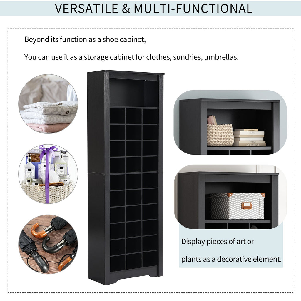 ON-TREND Stylish Design 30 Shoe Cubby Console, Contemporary Shoe Cabinet with Multiple Storage Capacity, Free Standing Tall Cabinet with Versatile Use for Hallway,  Bedroom, Black