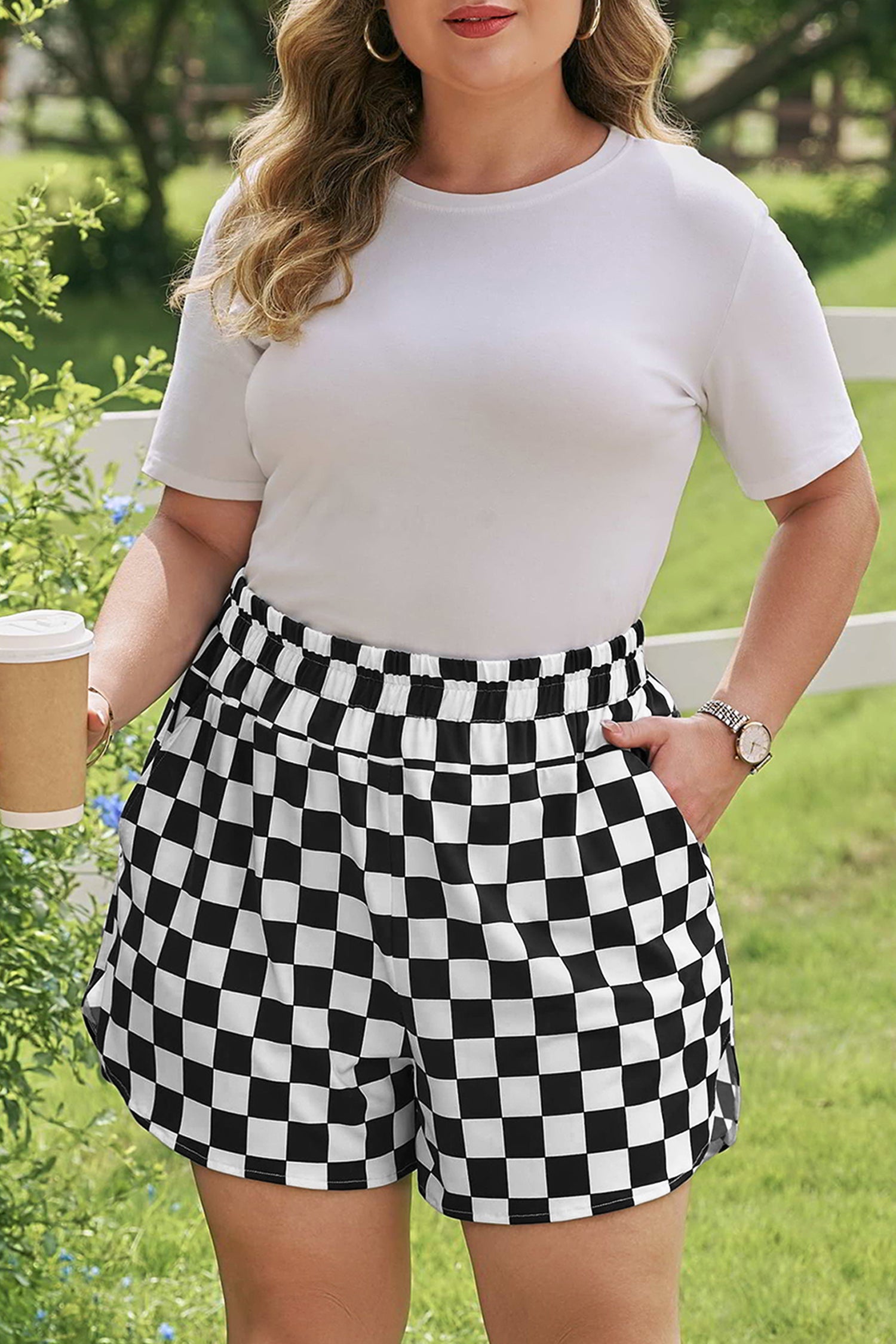Plus Size Checker Athleisure Shorts