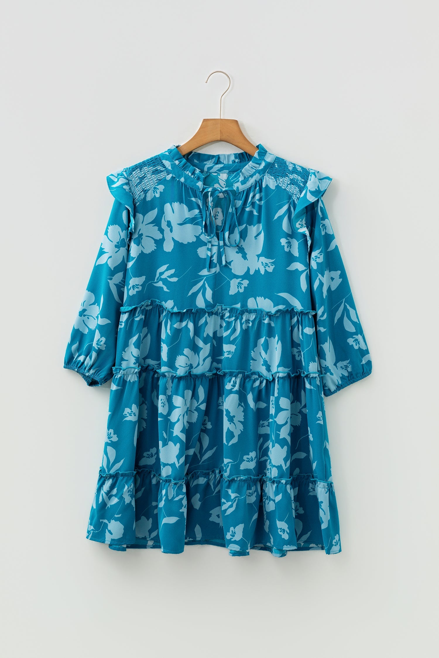 Flower 3/4 Sleeve Ruffle Tiered Dress