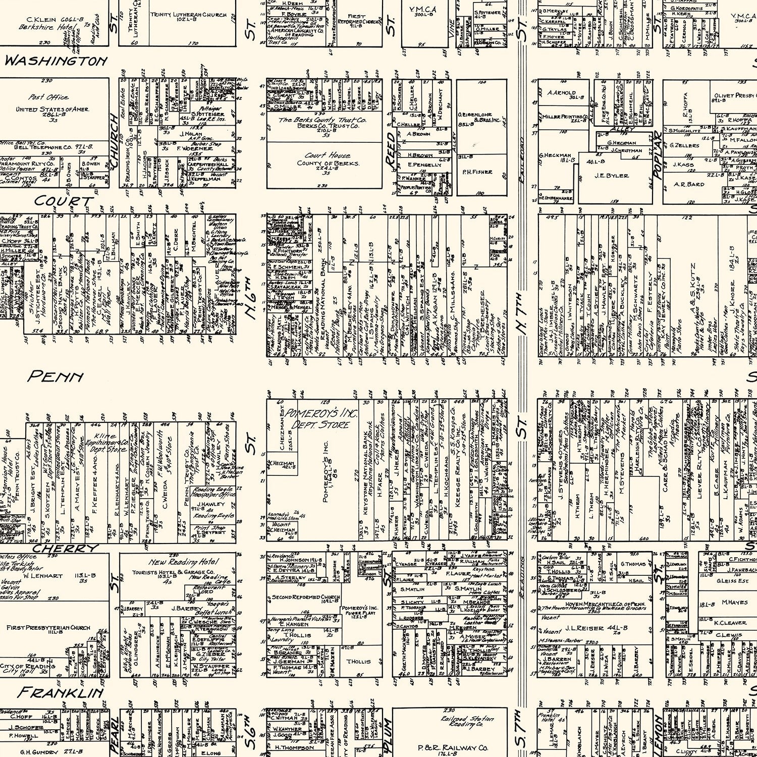 Vintage Map of Reading, PA Business Section 1929