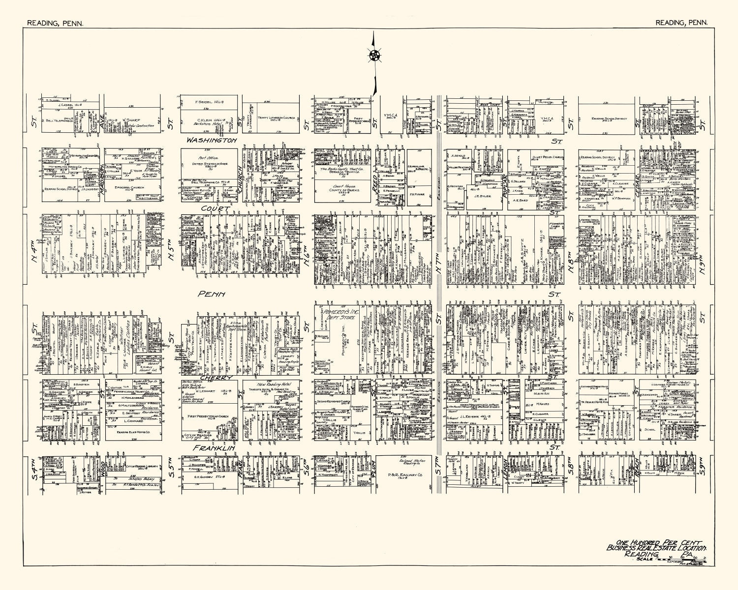 Vintage Map of Reading, PA Business Section 1929
