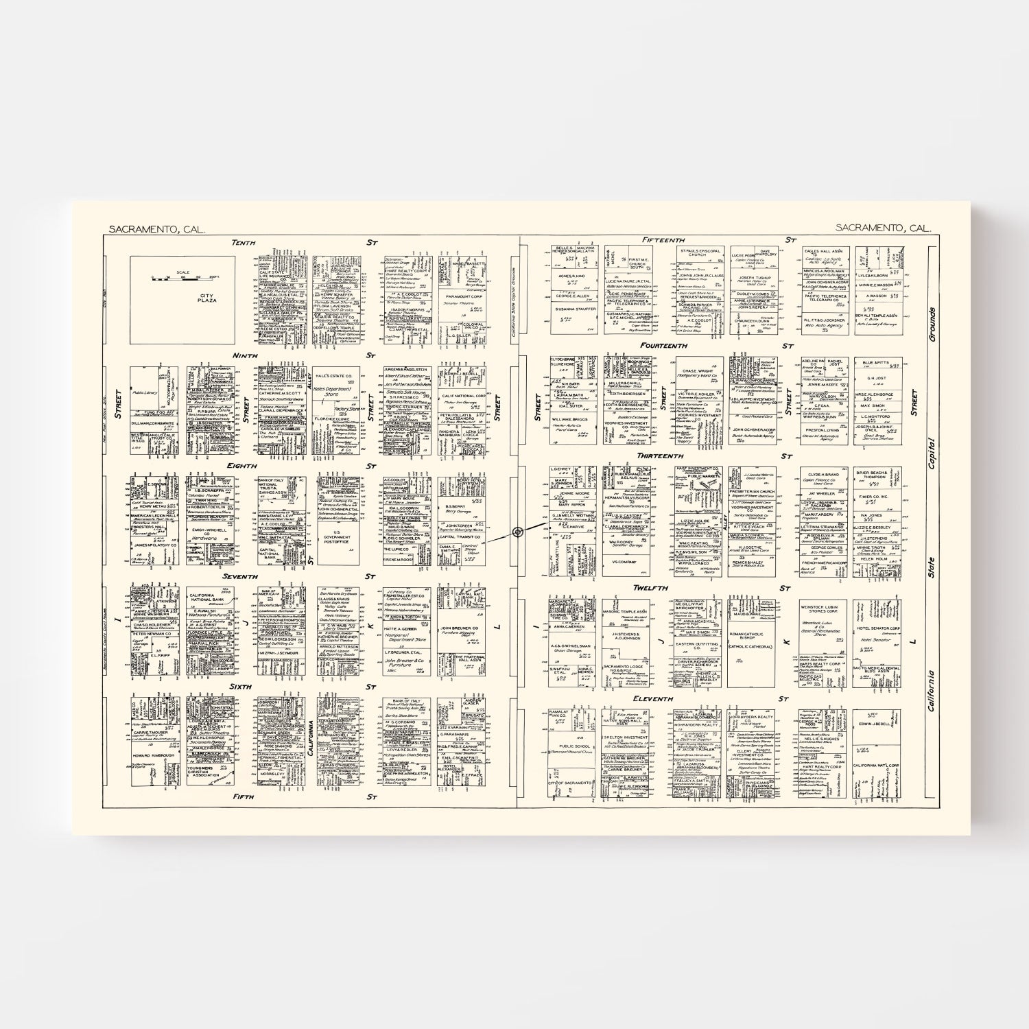 Vintage Map of Sacramento, CA Business Section 1929