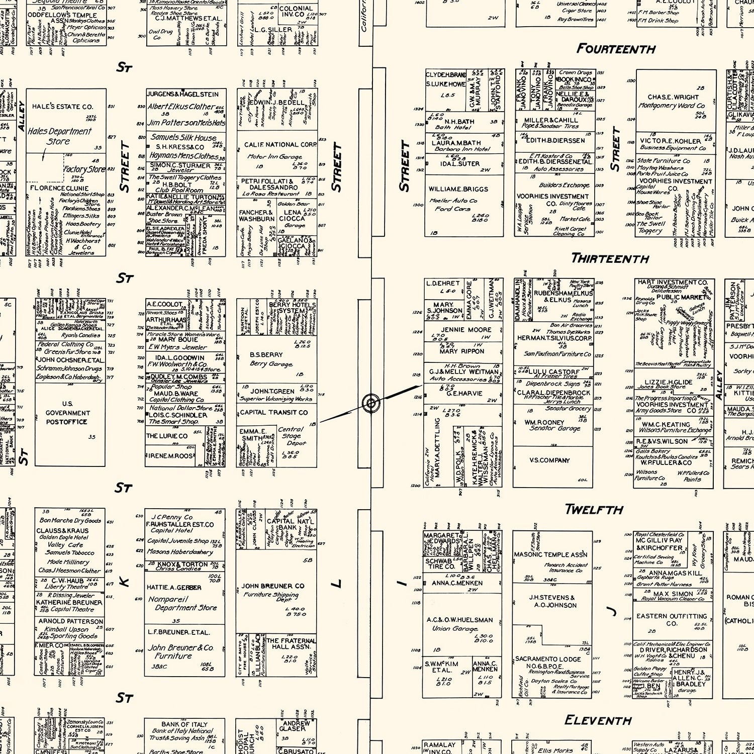 Vintage Map of Sacramento, CA Business Section 1929