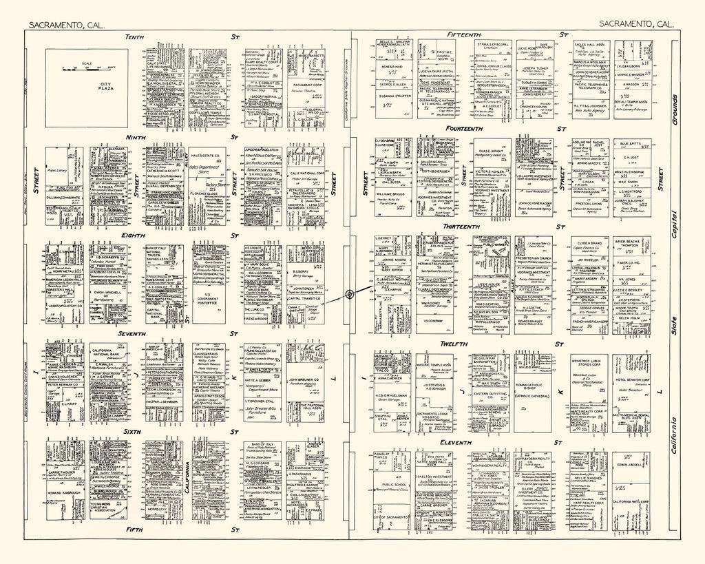 Vintage Map of Sacramento, CA Business Section 1929