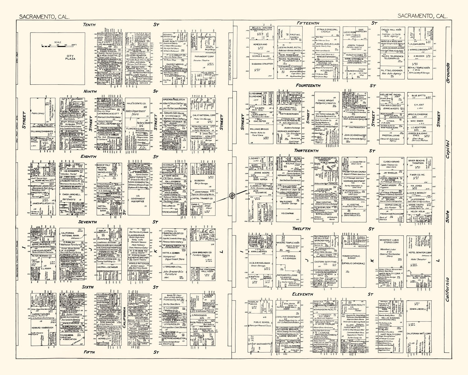 Vintage Map of Sacramento, CA Business Section 1929
