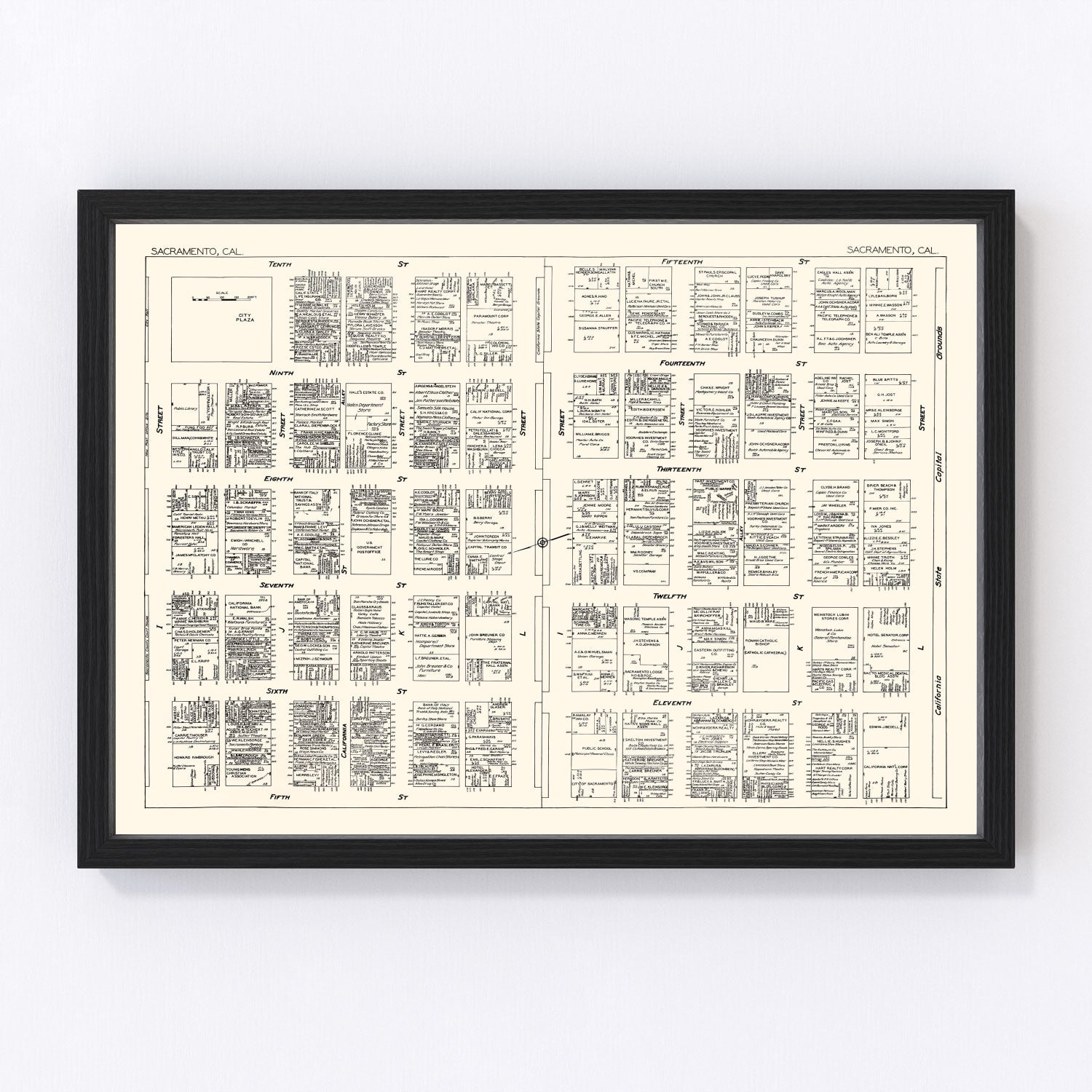 Vintage Map of Sacramento, CA Business Section 1929