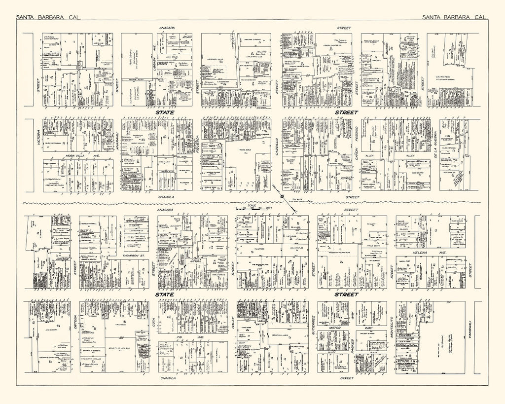 Vintage Map of Santa Barbara, CA Business Section 1929